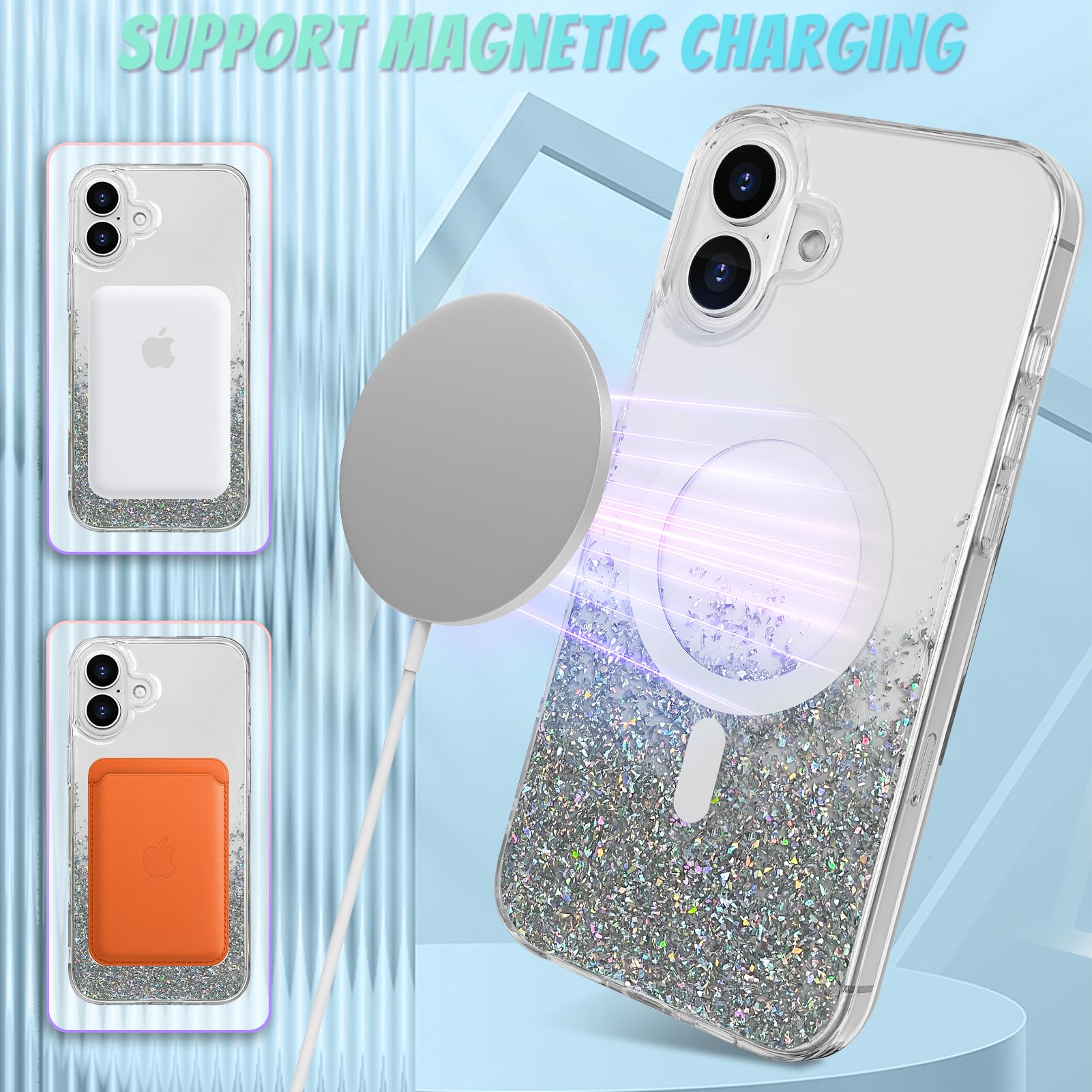 Bonoma For Iphone 16 Plus Case, Sparkly Glitter Bling Back, Magnetic Support For Magsafe Shockproof Case, Crystal And Clear High