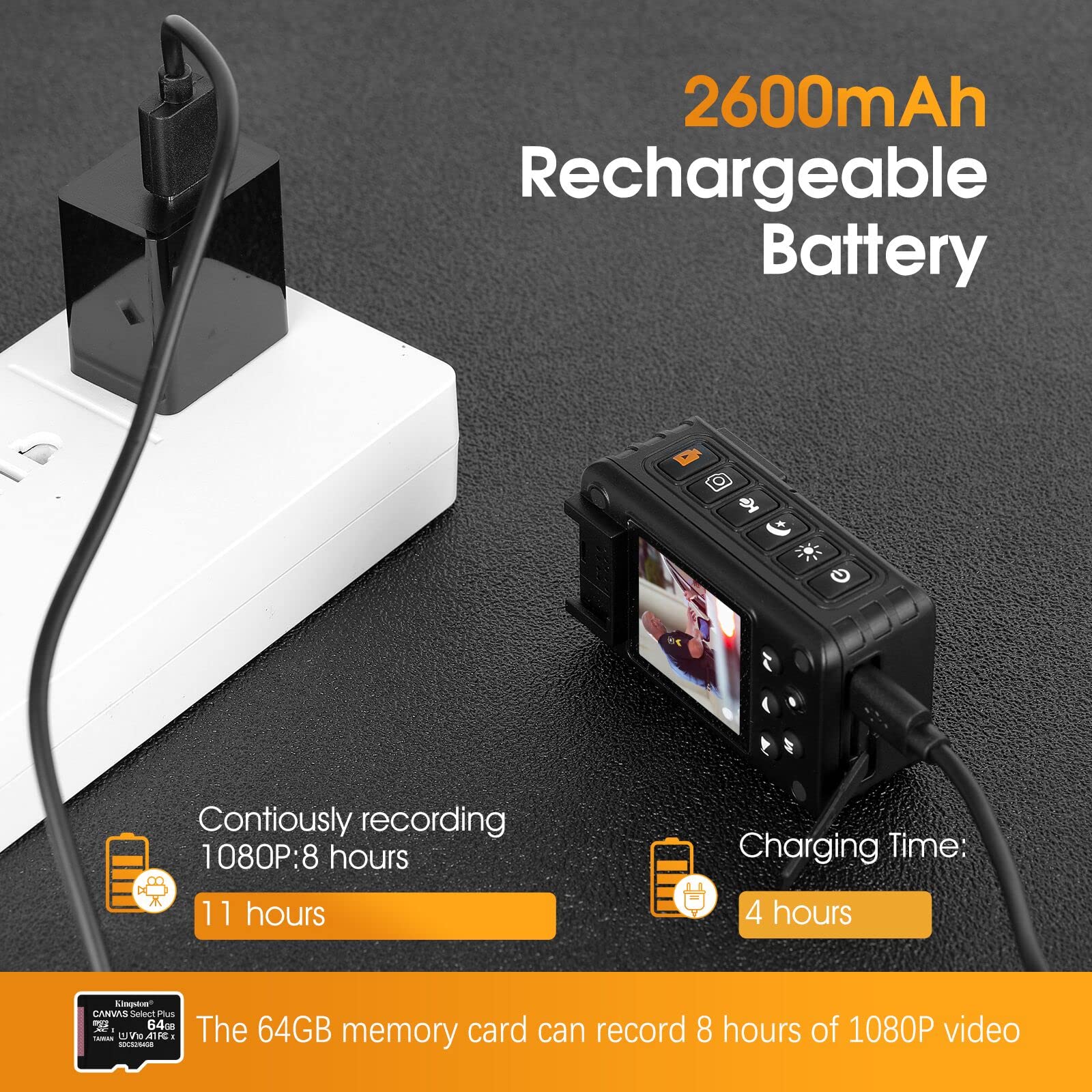 Oncheer 1080P Police Body Camera: Portable Night Vision Video Cam With 64G Sd Card, Waterproof Wearable Security Bodycam, Loop R