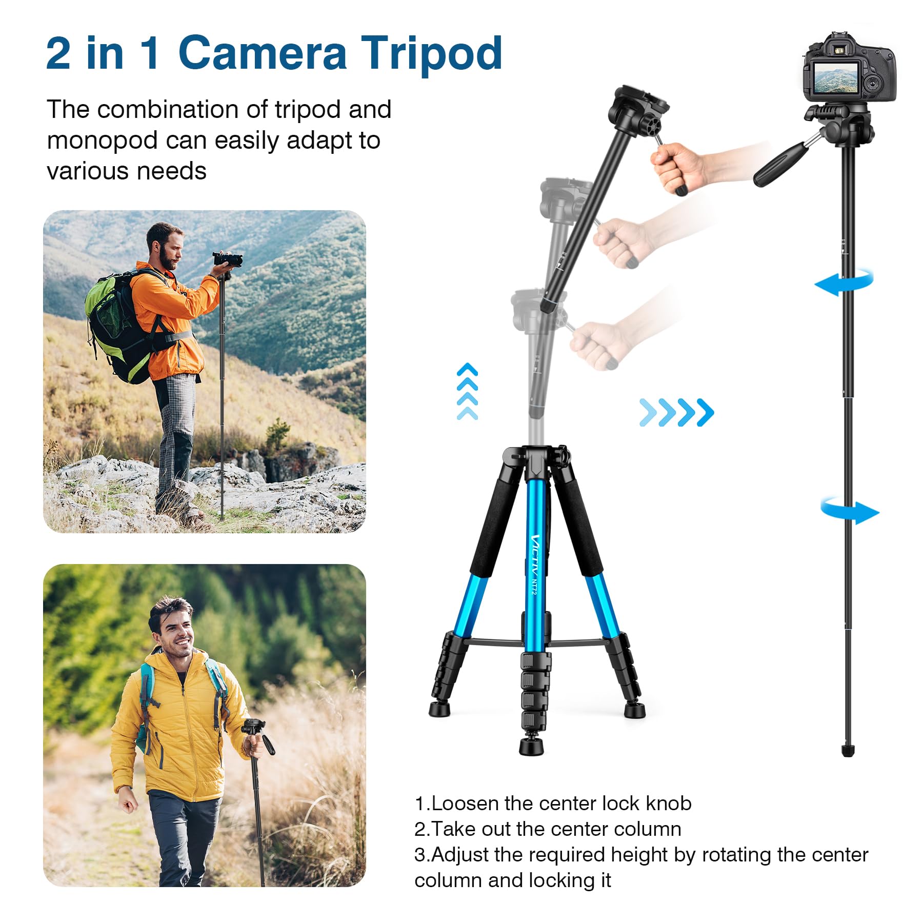 Victiv 72 Inch Camera Tripod, Tall Tripod For Camera Cell Phone, Heavy Duty Camera Tripod Stand, Professional Aluminum Monopod, Compatible With Canon Nikon Sony Dslr Cameras   Blue