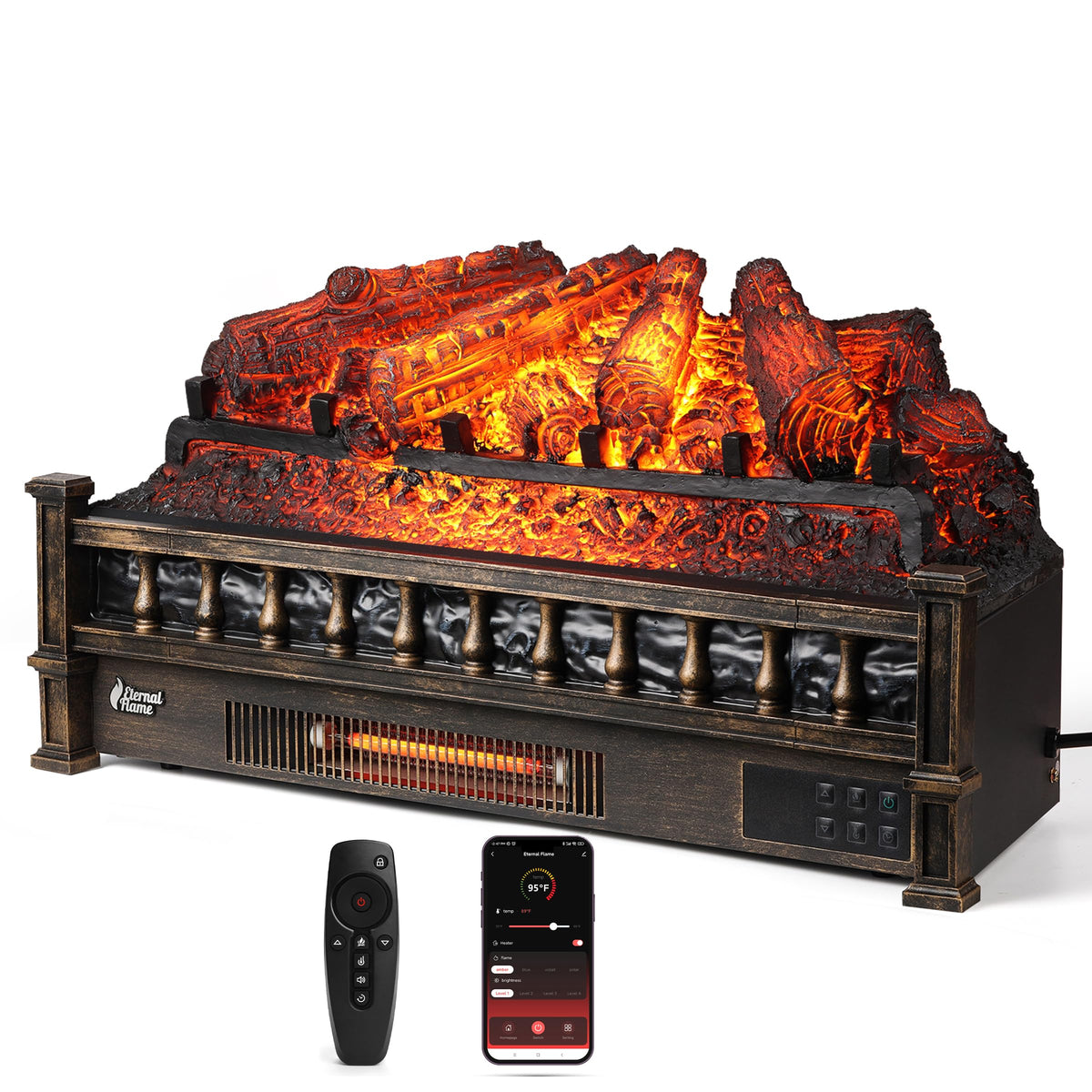 Turbro Eternal Flame 26 In. Wifi Infrared Quartz Electric Fireplace Log Heater With Sound Crackling, Realistic Pinewood Logs, Ad