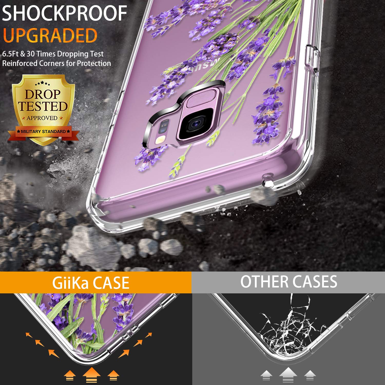 Giika Galaxy S9 Case, Clear Heavy Duty Shockproof Girls Women Protective Phone Cover Case For Samsung Galaxy S9, Purple Flowers