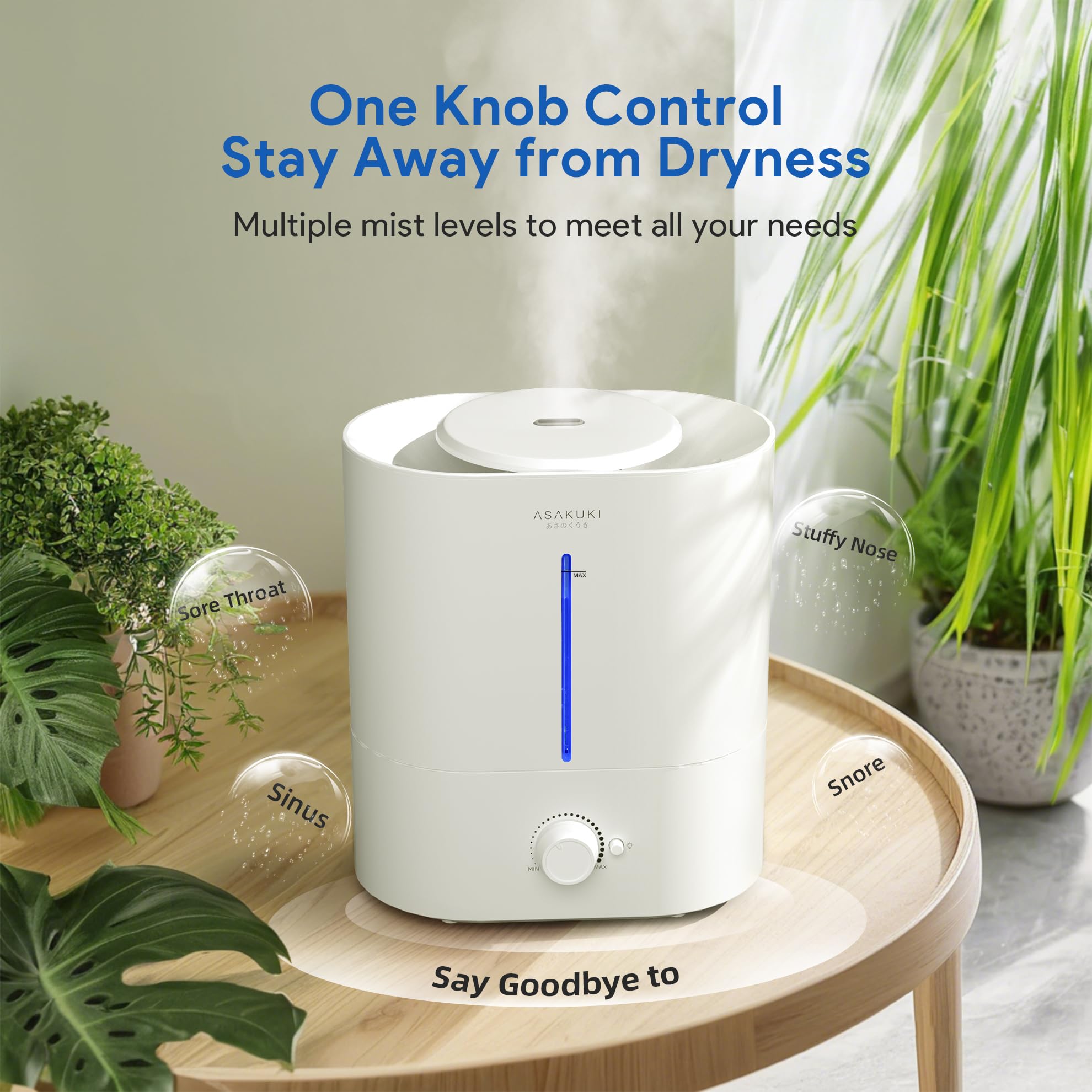 Asakuki Cool Mist Humidifiers For Bedroom Home, 4L Top Fill Humidifier Large Room For Baby Nursery & Plants, Quiet Room Humidifi