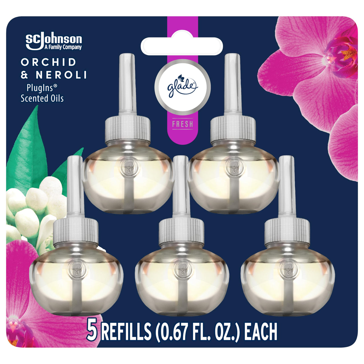 Glade Plugins Refills Air Freshener, Scented And Essential Oils For Home And Bathroom, Orchid & Neroli, Fresh Collection 3.35 Fl