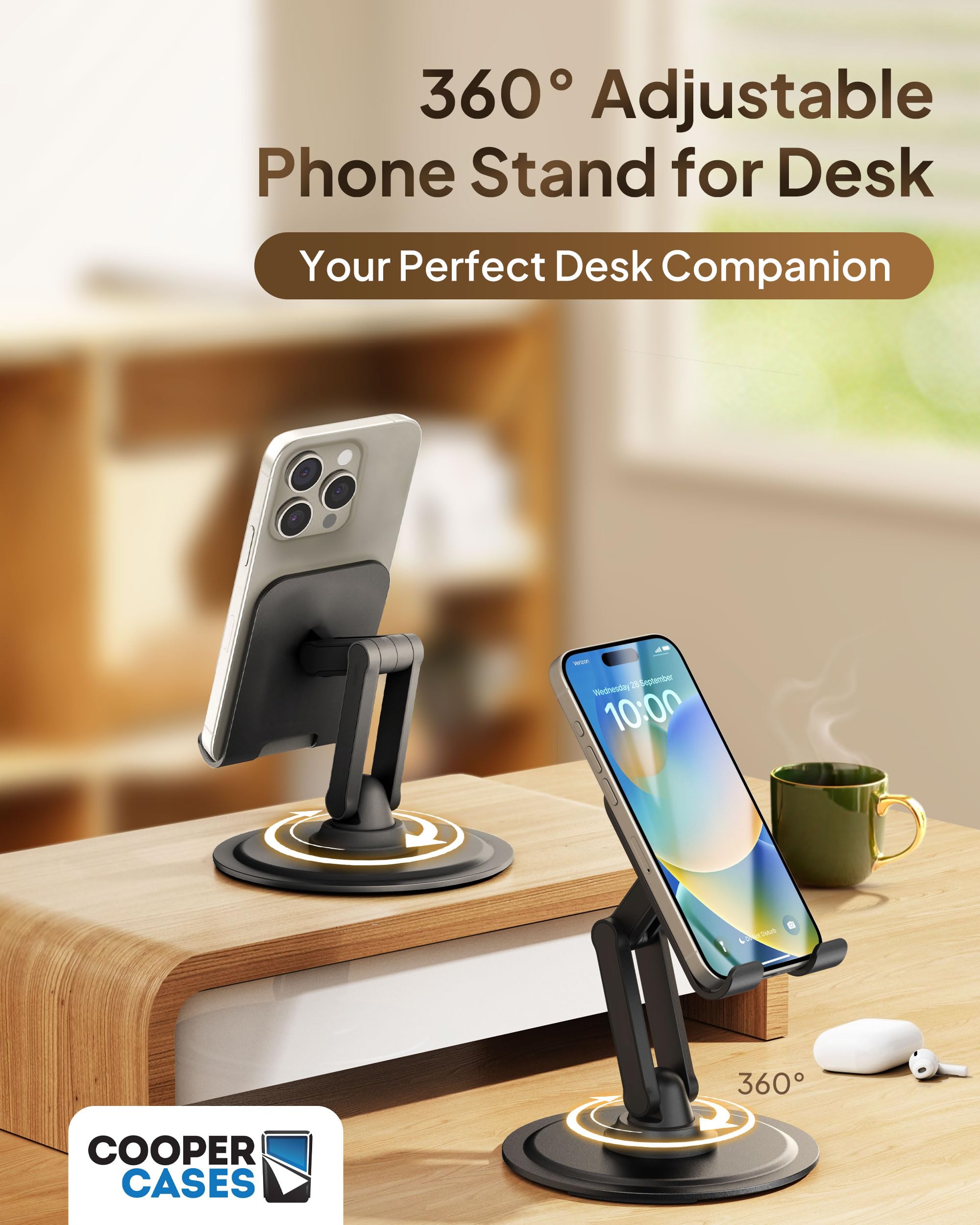 Cooper 360 Stand, Rotating Cell Phone Stand For Desk | Sturdy Metal Base, Foldable, Portable | Cell Phone Holder For Desk (Piano