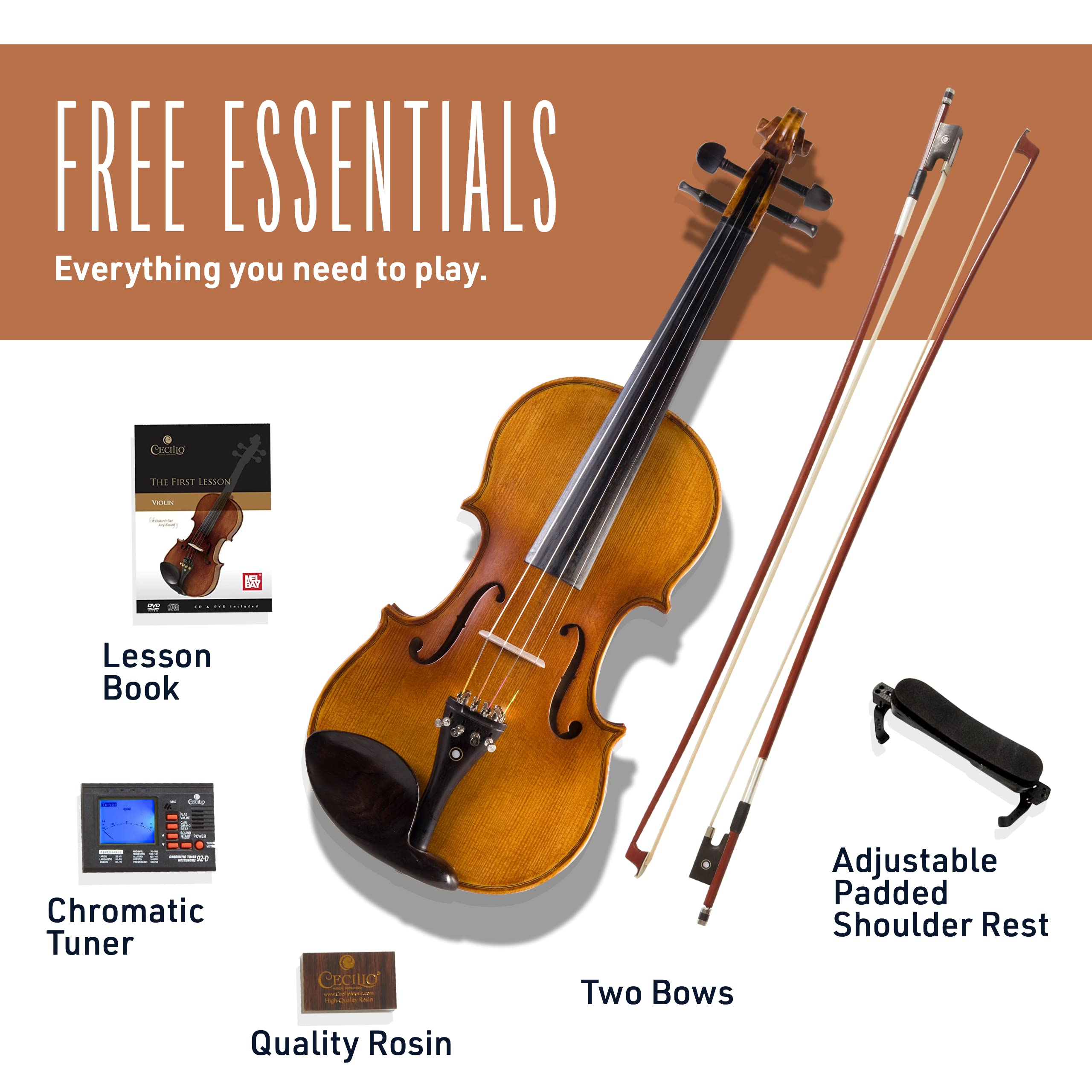 Cecilio Cvn-300 Solidwood Ebony Fitted Violin With Daddario Prelude Strings, Size 1/2