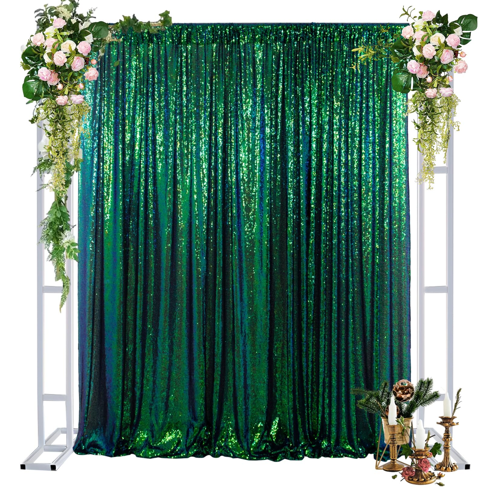 Duobao Sequin Backdrop Curtain 4Ftx7Ft Colorful Green Glitter Sequin Backdrop Wedding Ceremony Backdrop Sequin Shimmer Wall Background Baby Shower Background (4Ftx7Ft, Colorful Green)
