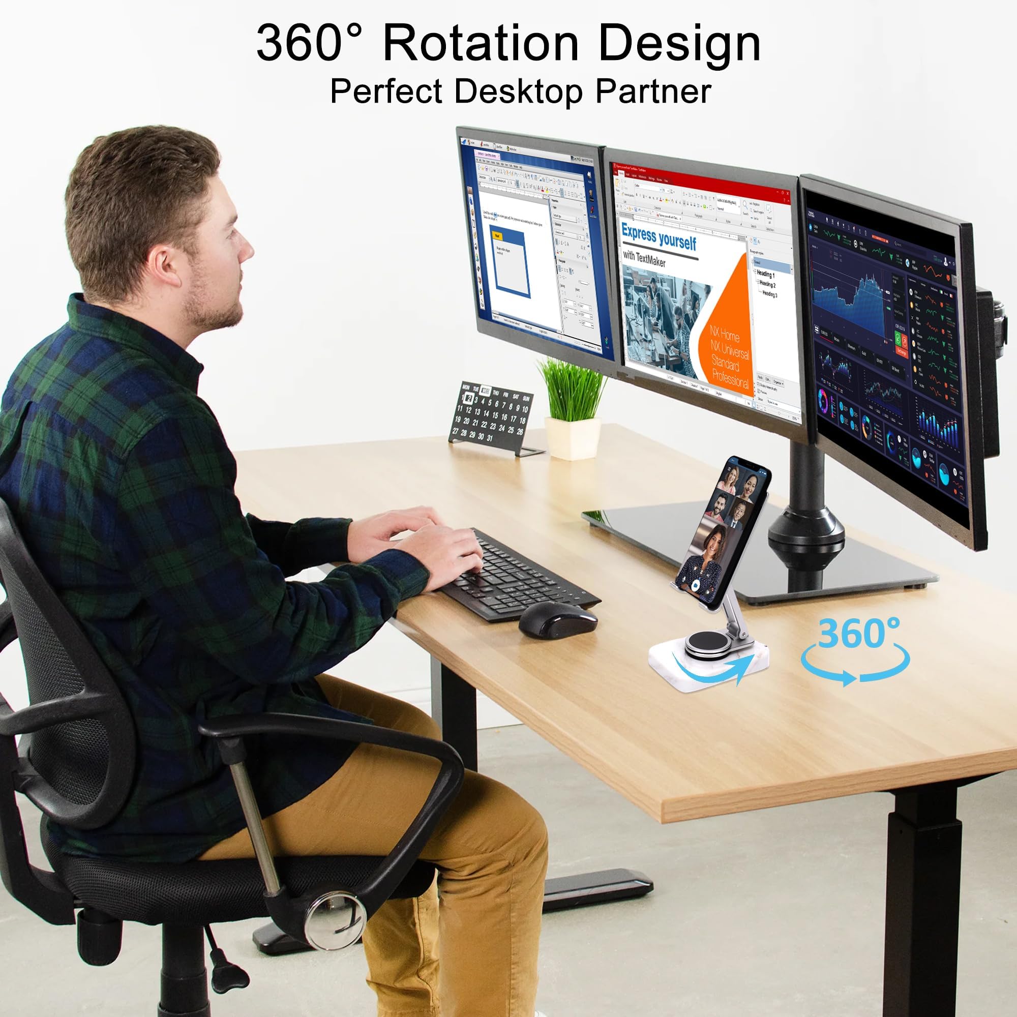 Worhe Cell Phone Stand Sturdy Marble Base 360Rotation Phone Stand For Desk Foldable Aluminum Desktop Compatible With All Mobile