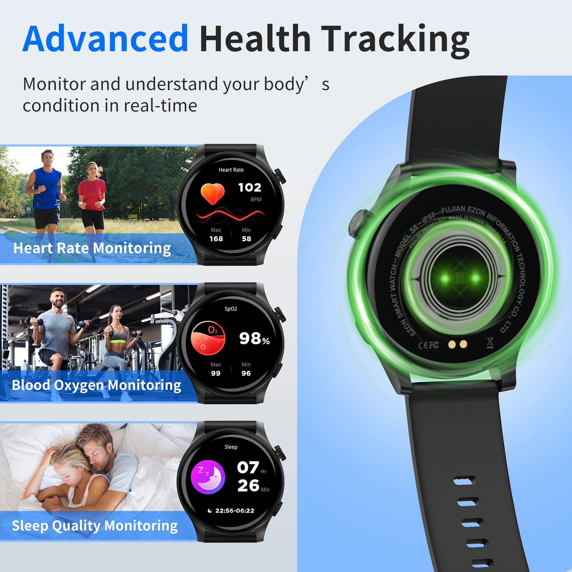 Ezon Smart Watch For Women Men(Answer/Make Calls),1.43 Amoled Fitness Tracker With 100+ Sports Modes,Heart Rate,Spo2,Sleep Monit