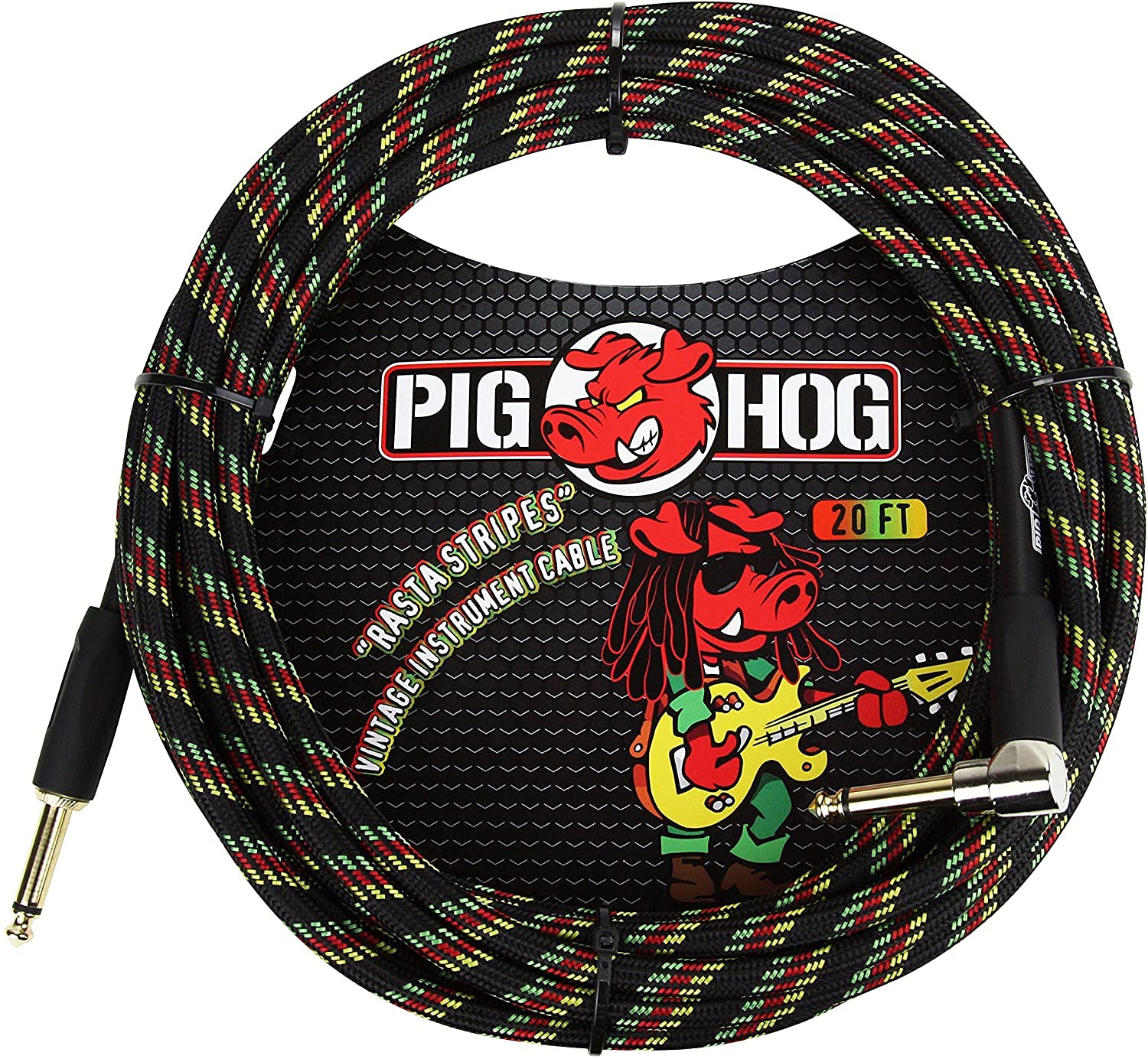 Pig Hog ''Rasta Stripes'' Woven Jacket Tour Grade Instrument Cable, 20-foot Right Angle