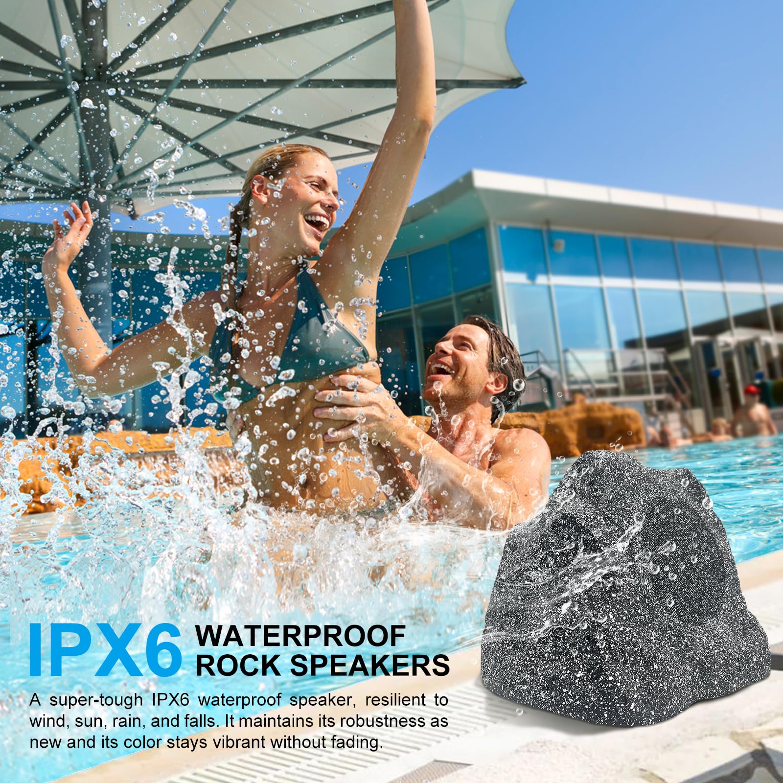 Herdio Outdoor Rock Bluetooth Speakers, IPX7 Waterproof, 400W, 6.5 inch, Black, Model HE-RS6BTB, All-Weather for Deck, Pool,