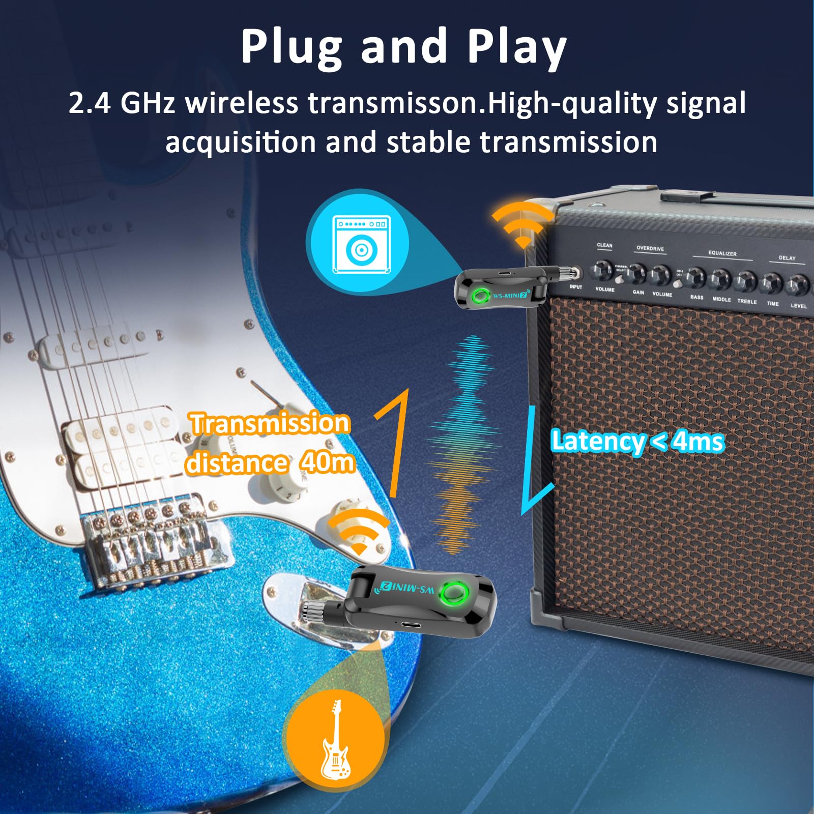 2.4Ghz Wireless Guitar System With Charging Case, Rechargeable Wireless Guitar Transmitter Receiver With 4 Channels For Electric
