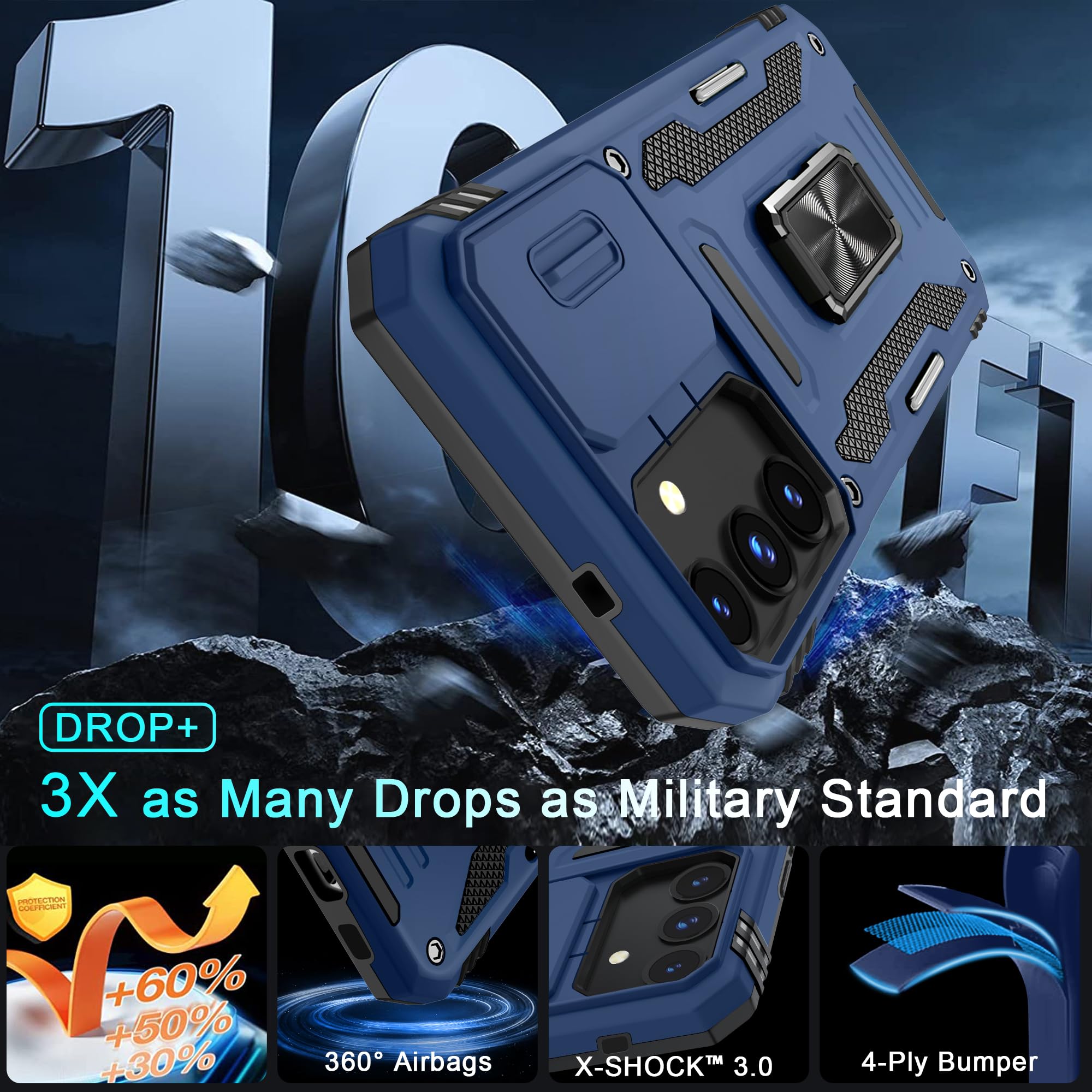 Deerlamn Case For Samsung Galaxy S24 With Slide Camera Cover+Screen Protector (1 Pack), Rotated Ring Kickstand Military Grade Sh