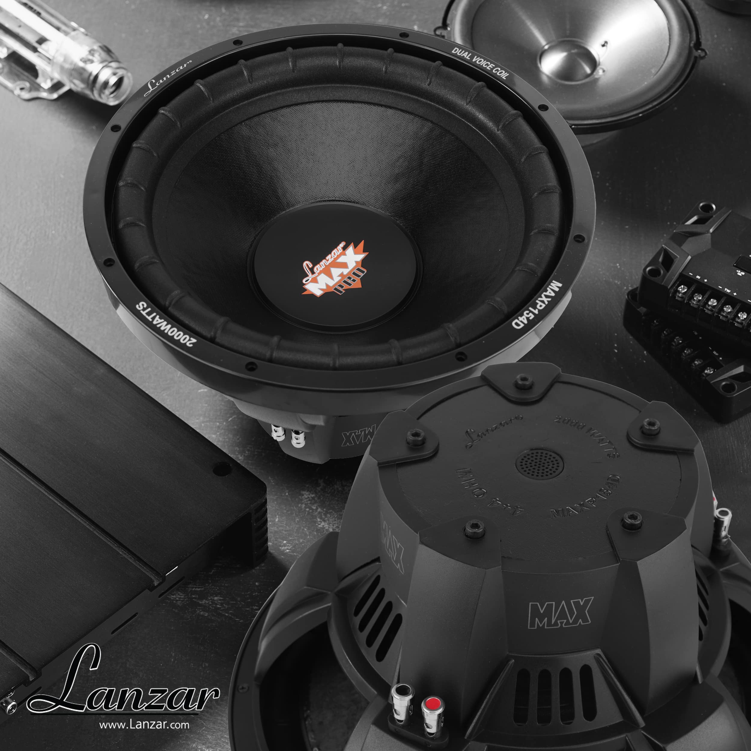 Lanzar MAXP154D 15in Car Subwoofer - Black, Dual 4 Ohm, 2000W Power, Non-Pressed Paper Cone, Foam Edge Suspension