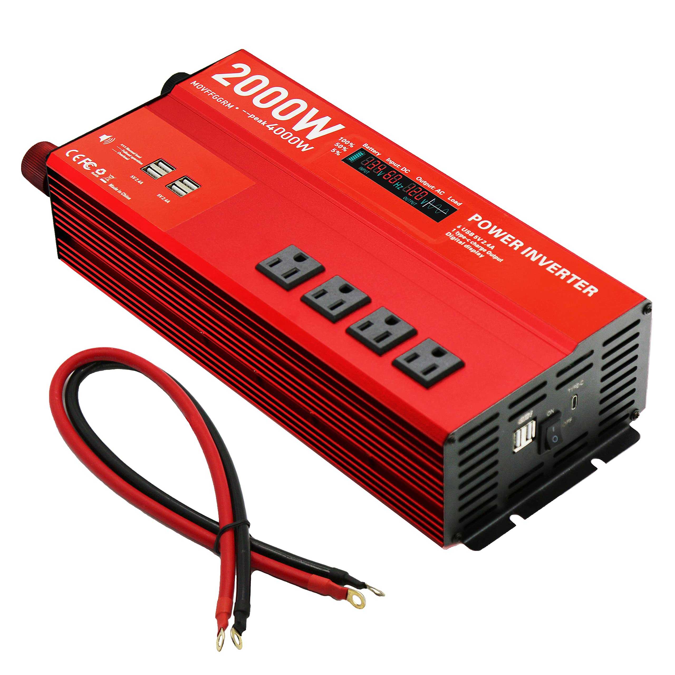 MOVFFGGRM 2000W 12V Power inverters for Vehicles,Peak 4000 watt, Car/Truck DC 12V to 110V 4AC Converter, 6 USB 2.4A Ports,with 1