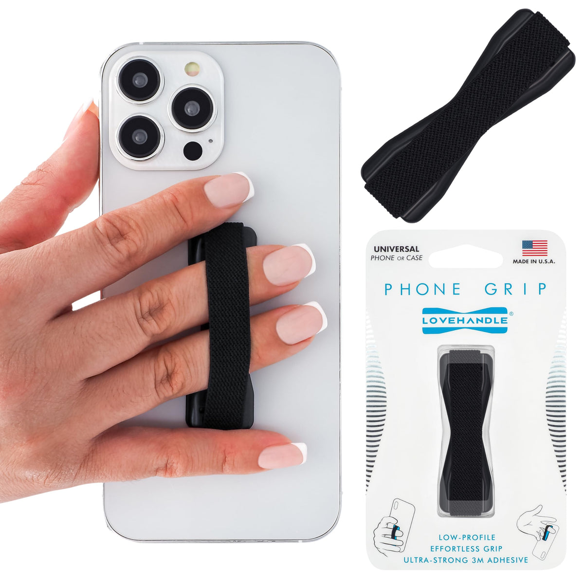 Lovehandle Phone Grip For Most Smartphones And Mini Tablets, Black Elastic Strap With Black Base, Lh 01Black