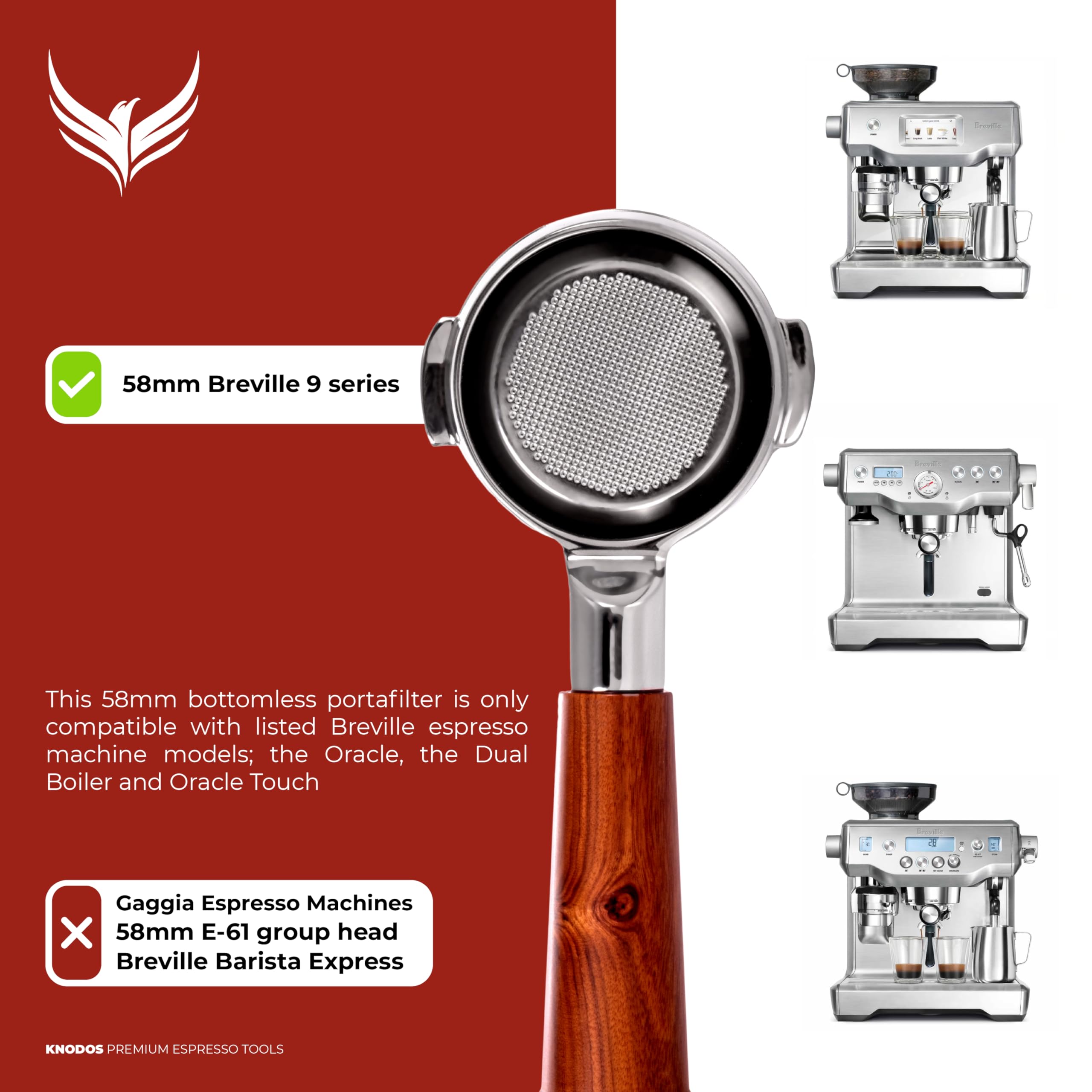 Knodos Bottomless Portafilter For 58Mm Breville Dual Boiler Espresso Machines 2 Ears   Rosewood Handle & Double Shot Filter Bask