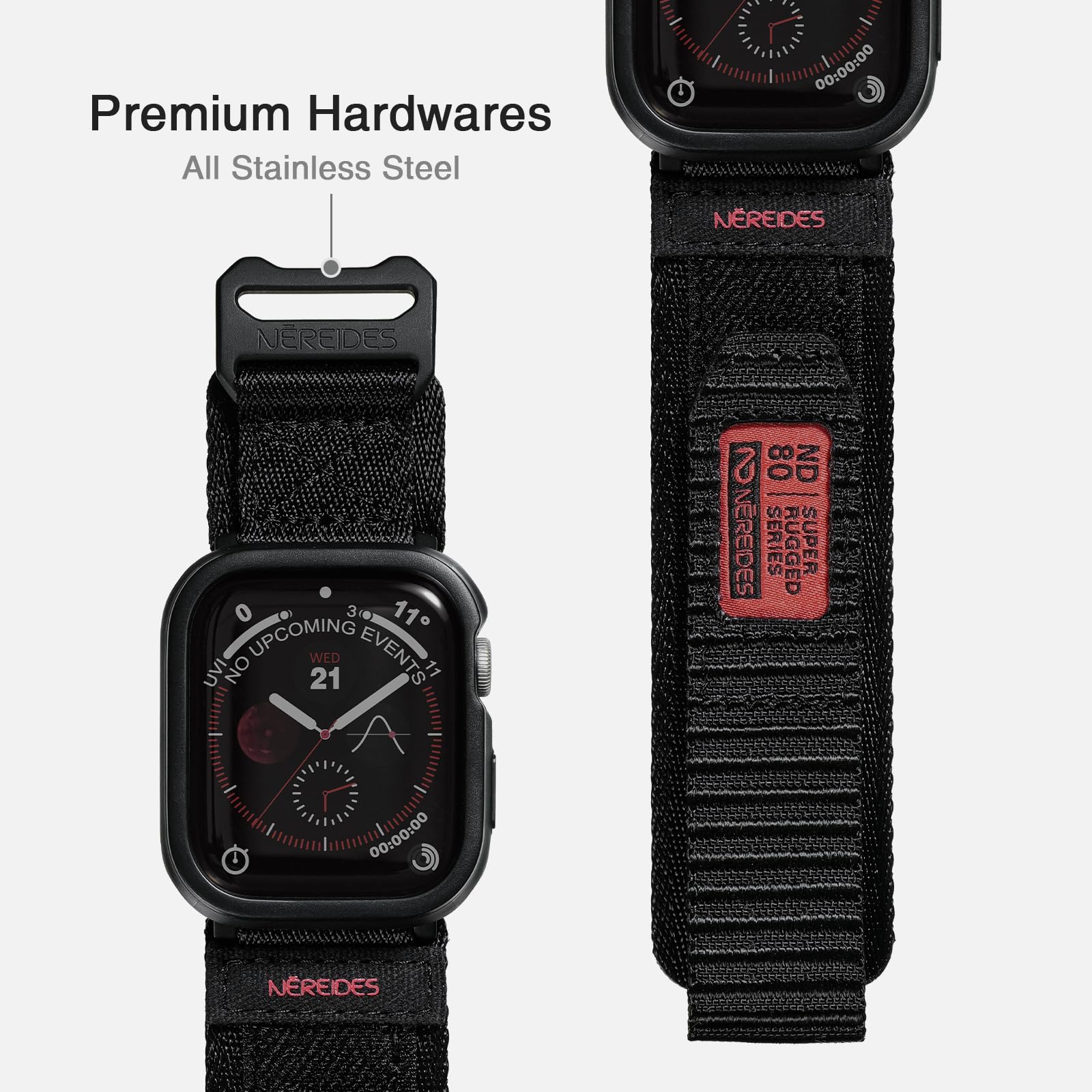 Rugged Case With Band For Apple Watch Series 9/8/7 Band 45Mm, Hook And Loop Nylon Sport Strap With Case For Iwatch Men(Black)