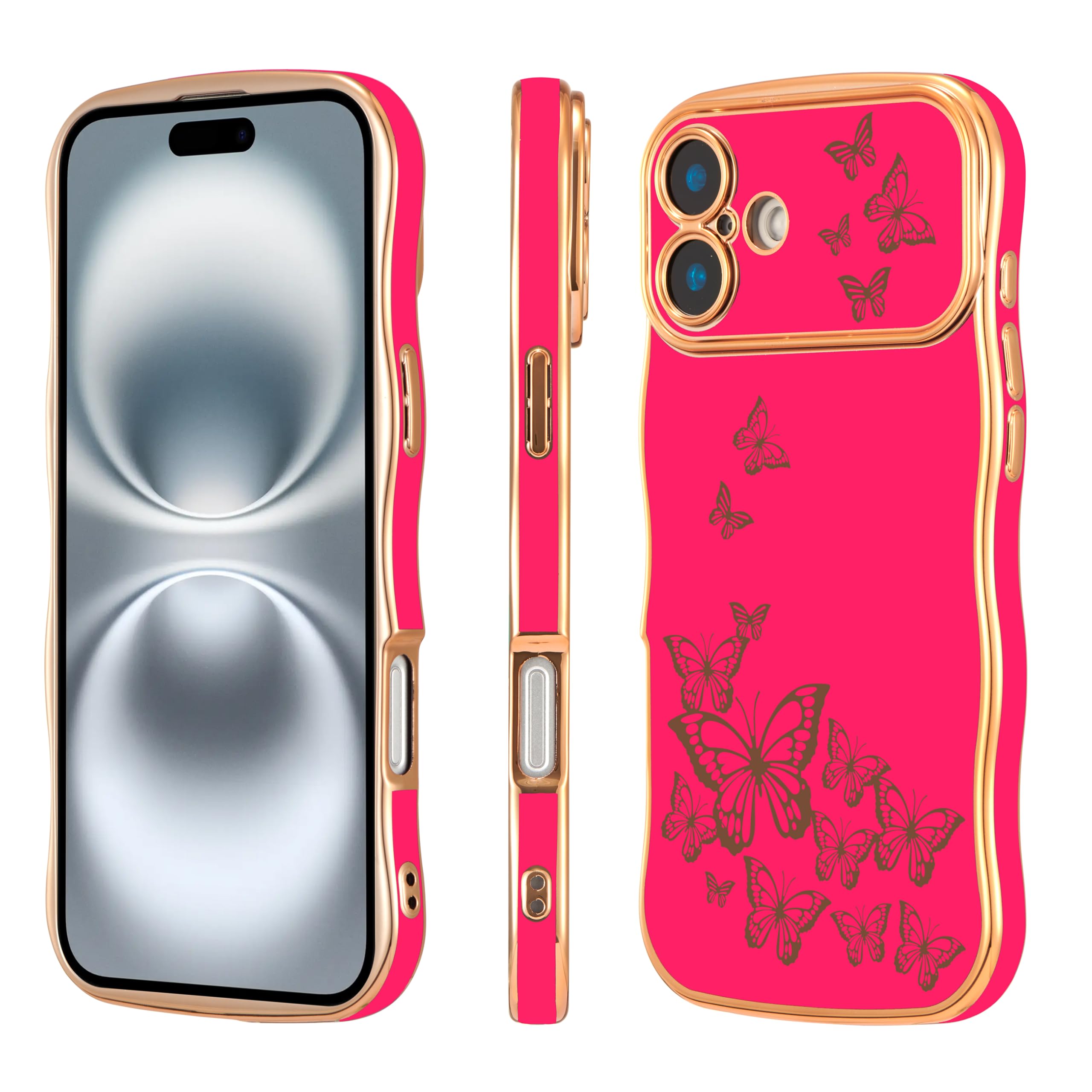 Ztofera For Iphone 16 Plus Case For Girl Women, Cute Curly Wave Frame With Luxury Plating Butterfly Pattern, Soft Tpu Shockproof