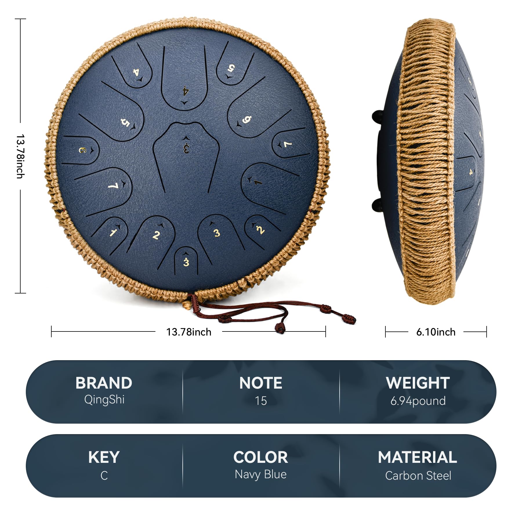 Steel Tongue Drum Qingshi 15 Notes 14 Inch Steel Drum Instrument For Adults, Steel Handpan Drums With Handpan Drum Mallet, Music