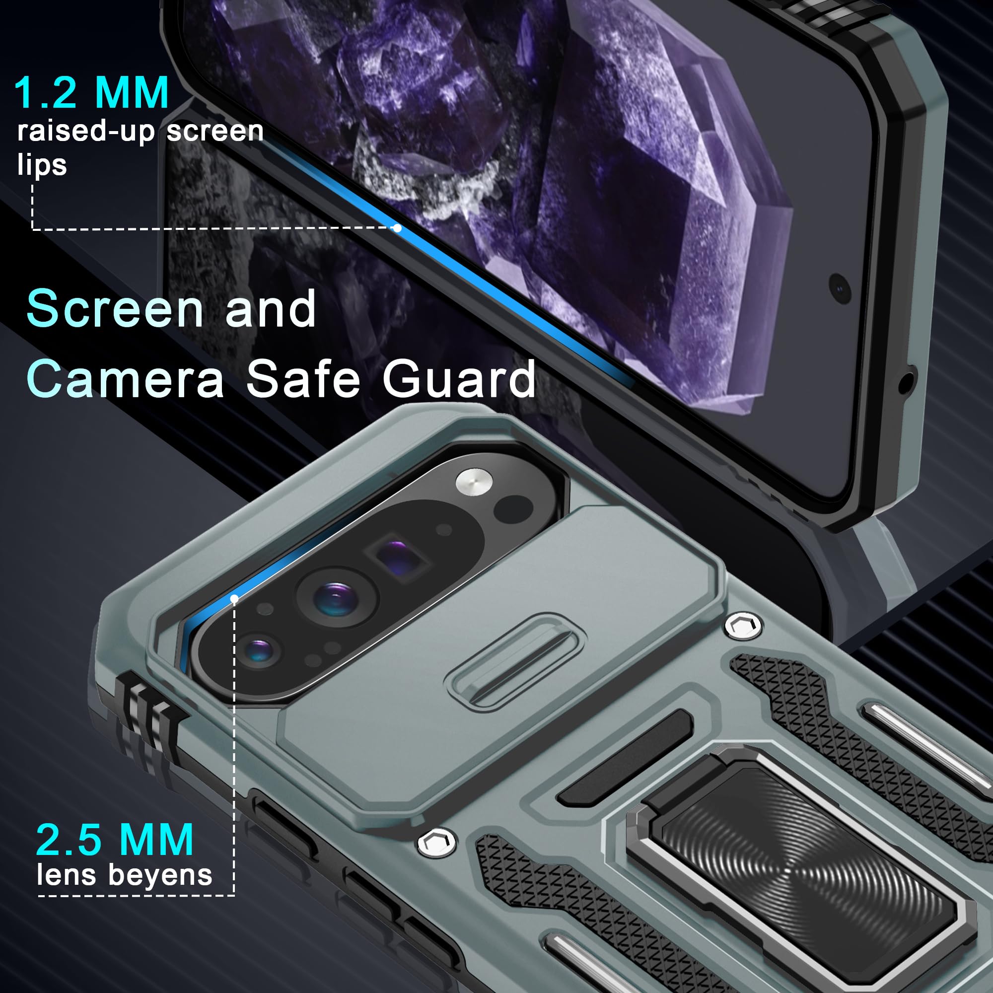 Deerlamn Case For Google Pixel 9 Pro Xl With Slide Camera Cover+Screen Protector(1 Pack), Rotated Ring Kickstand Military Grade