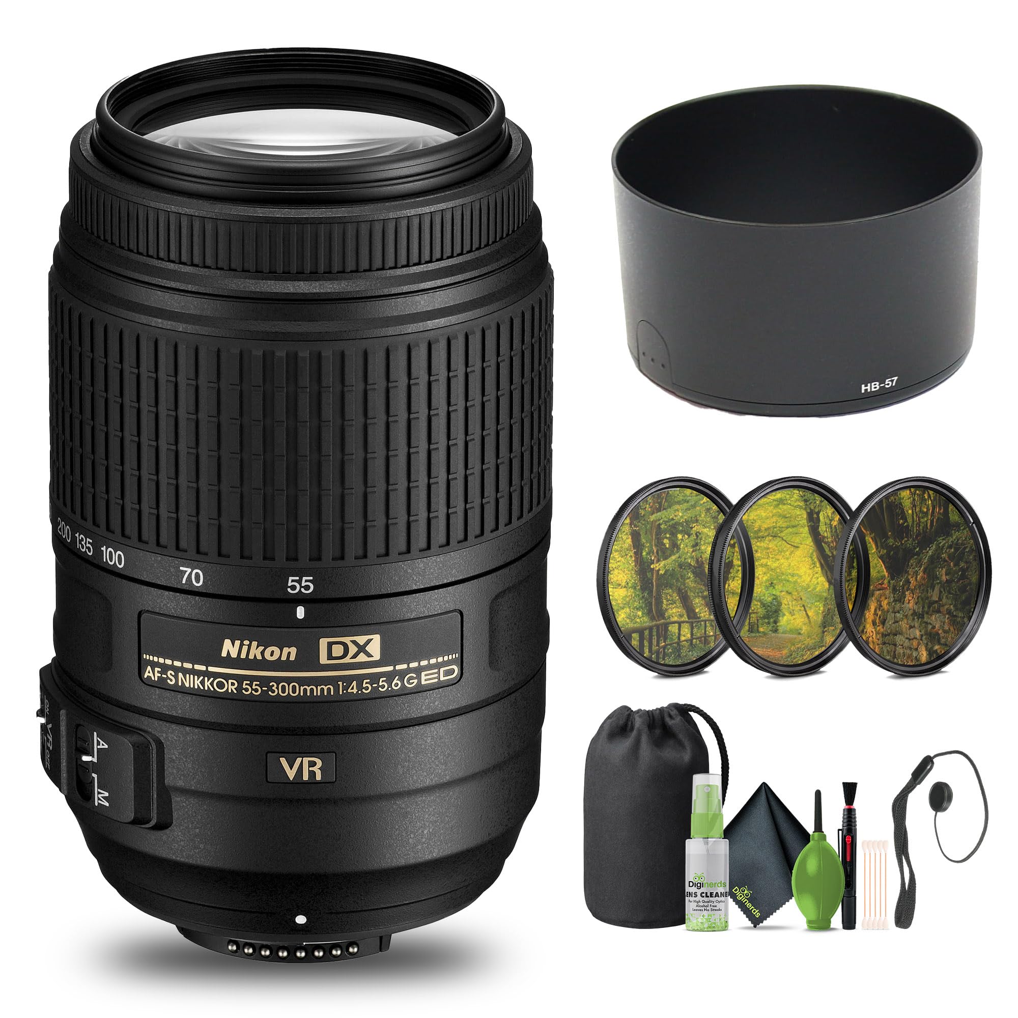 Nikon - AF-S DX NIKKOR 55-300mm f/4.5-5.6G ED VR Telephoto Zoom Lens (2197) + Filter Kit + Cap Keeper + Cleaning Kit
