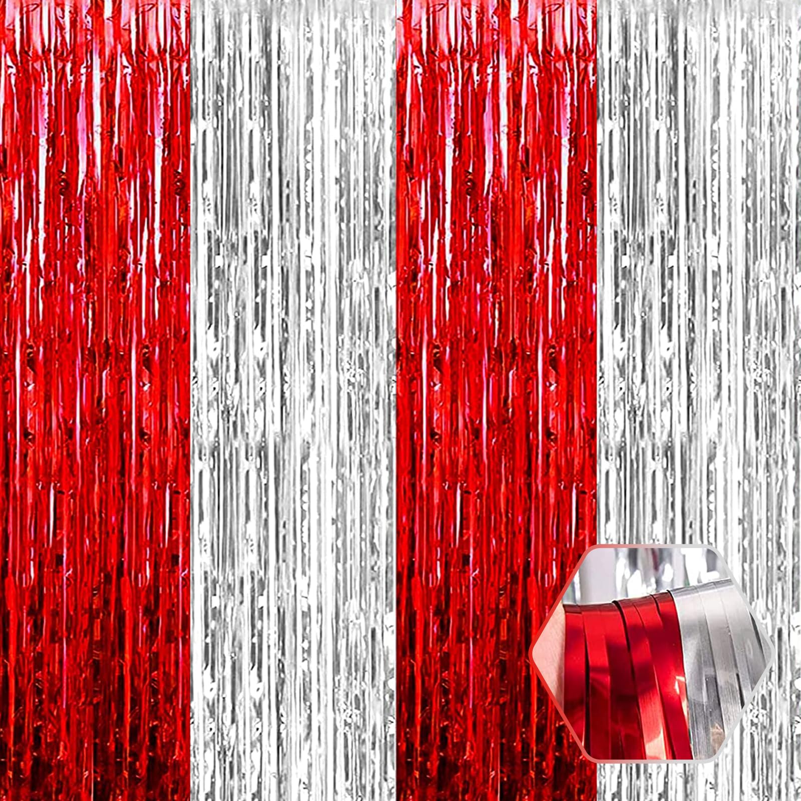 6 Pack Red Silver Foil Fringe Curtain Backdrop, 3.28Ft x 6.6Ft Metallic Tinsel Foil Fringe Streamer Curtains for Photo Booth, Ch