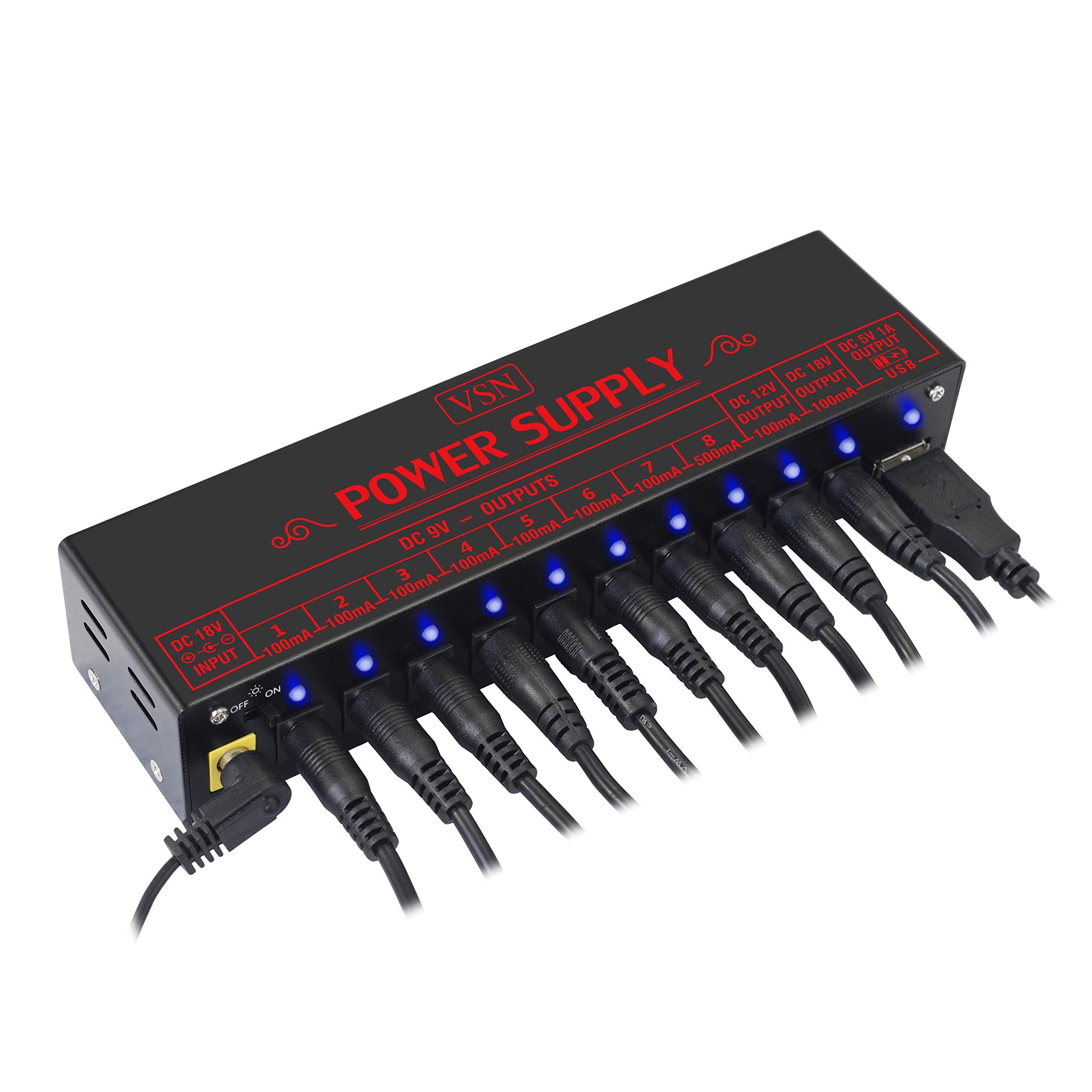 Vsn Guitar Pedal Power Supply 10 Isolated Dc Output For Power Supply 9V/12V/18V Dc Outputs & Usb Charging Port With Short Circui