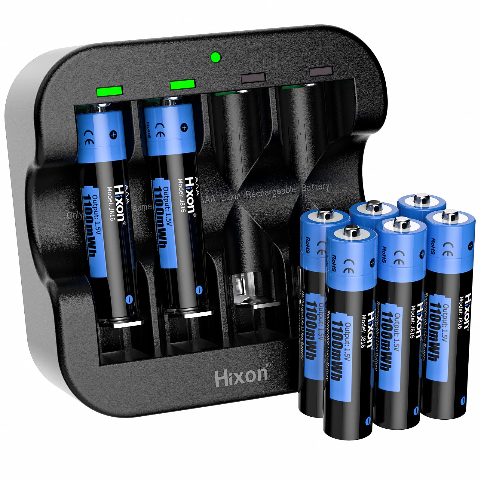 Hixon High-Capacity Triple AAA Rechargeable Batteries, 1100mWh, 1.5V, 1600 Cycles (8AAA + 1 Charger)