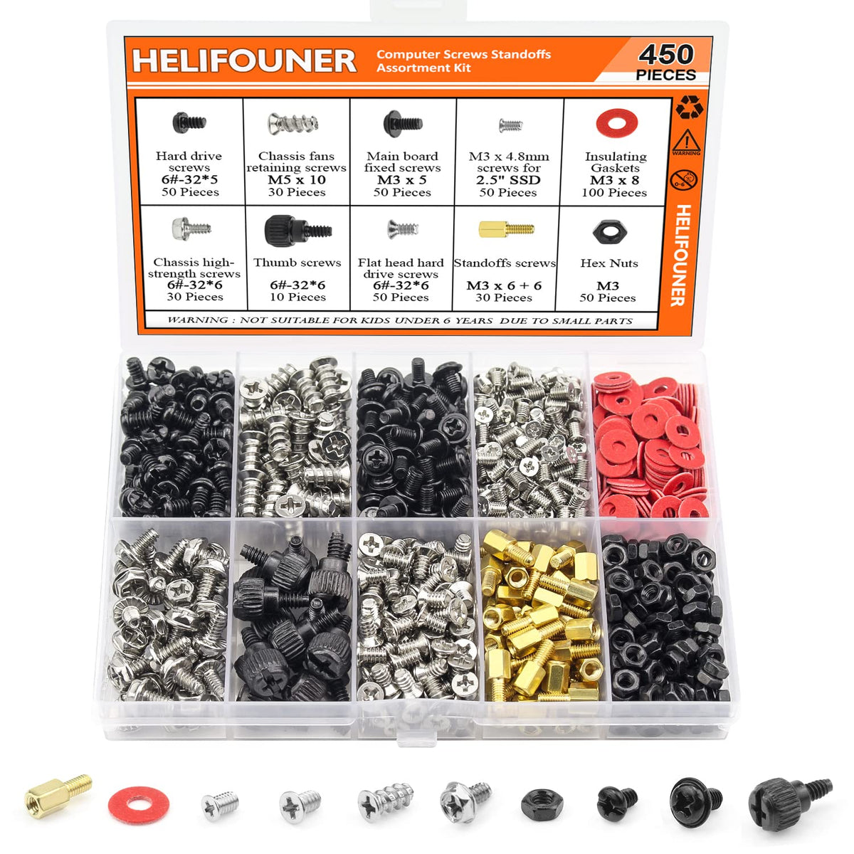 Helifouner 450 Pieces Computer Standoffs Screws Assorted Kit For 2.5'' Ssd, Hard Drive, Computer Case, Motherboard, Fan Power Gr