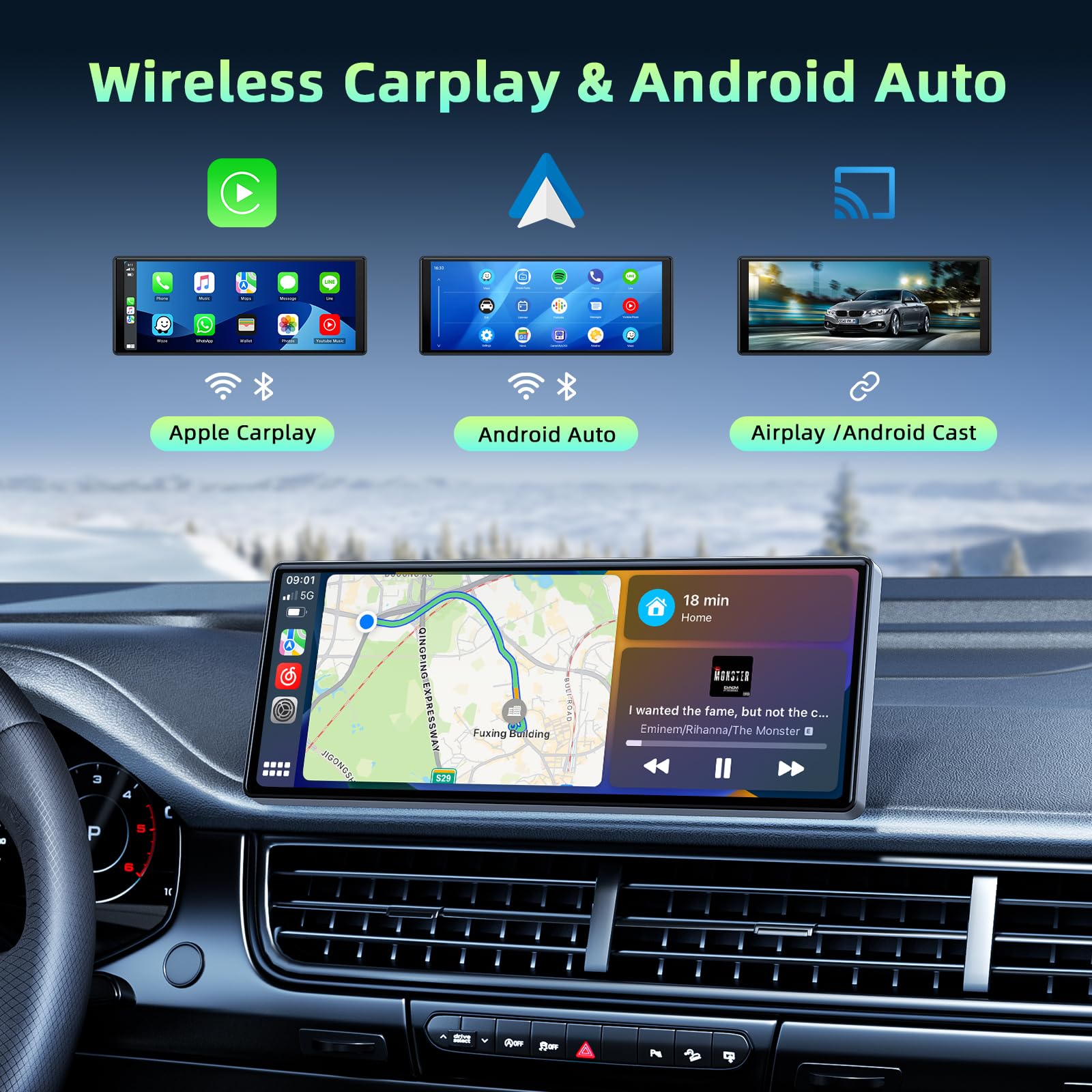 Lamtto 9.26 Inch Wireless Carplay Screen For Car Compatable With Apple Carplay& Android Auto,Portable Car Stereo With Gps Naviga