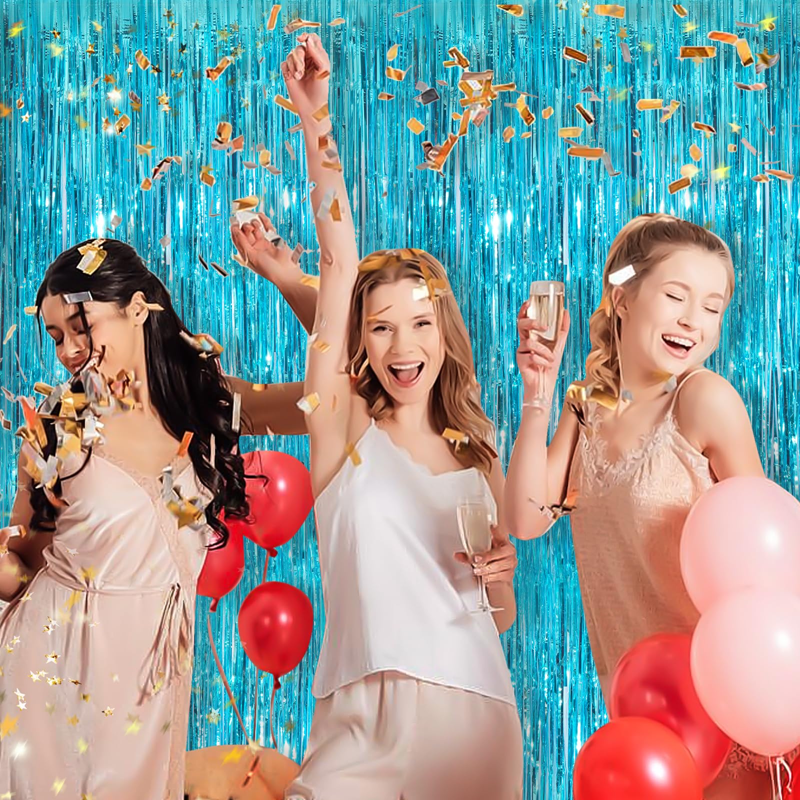 Sky Blue Metallic Tinsel Foil Fringe Curtain, 2 Pack 3.3X8.3 Feet Party Streamer For Birthday Party Decorations, Halloween Decor