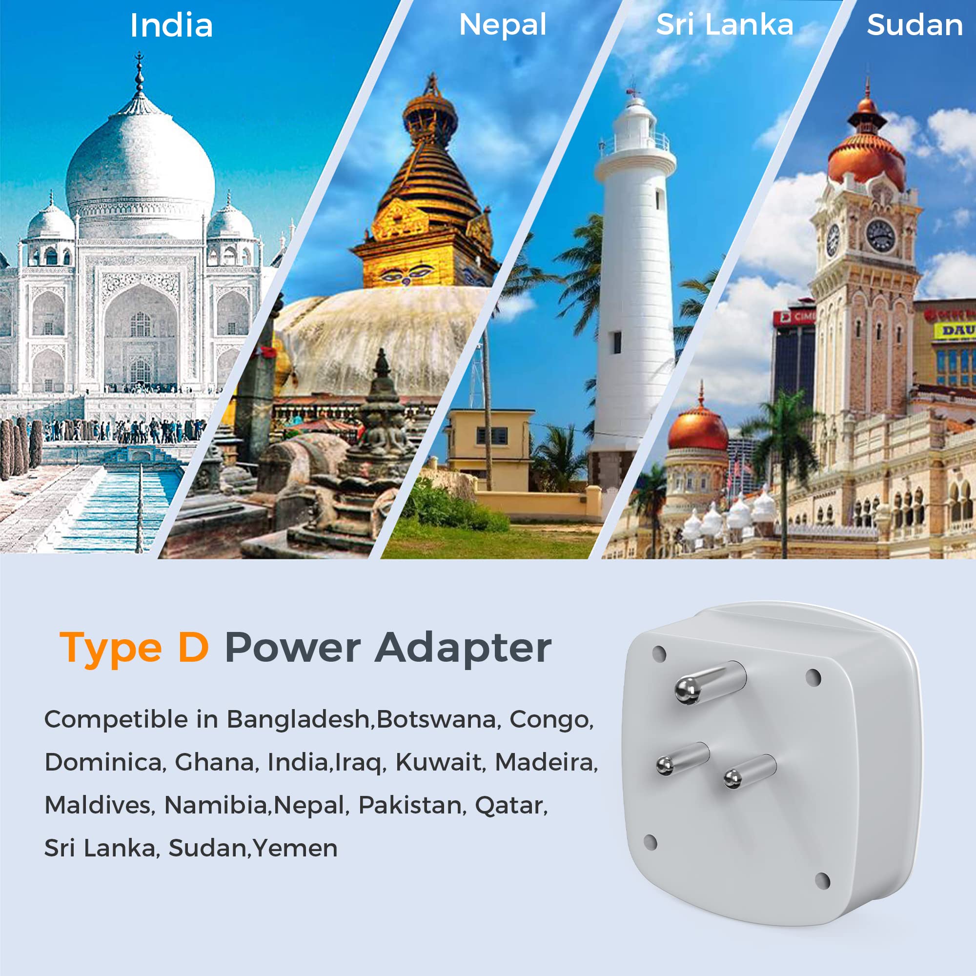 Tessan Us To India Plug Adapter, Type D Travel Adaptor With 2 Usb Charger Ports 2 American Outlets, Usa To Indian Power Converte