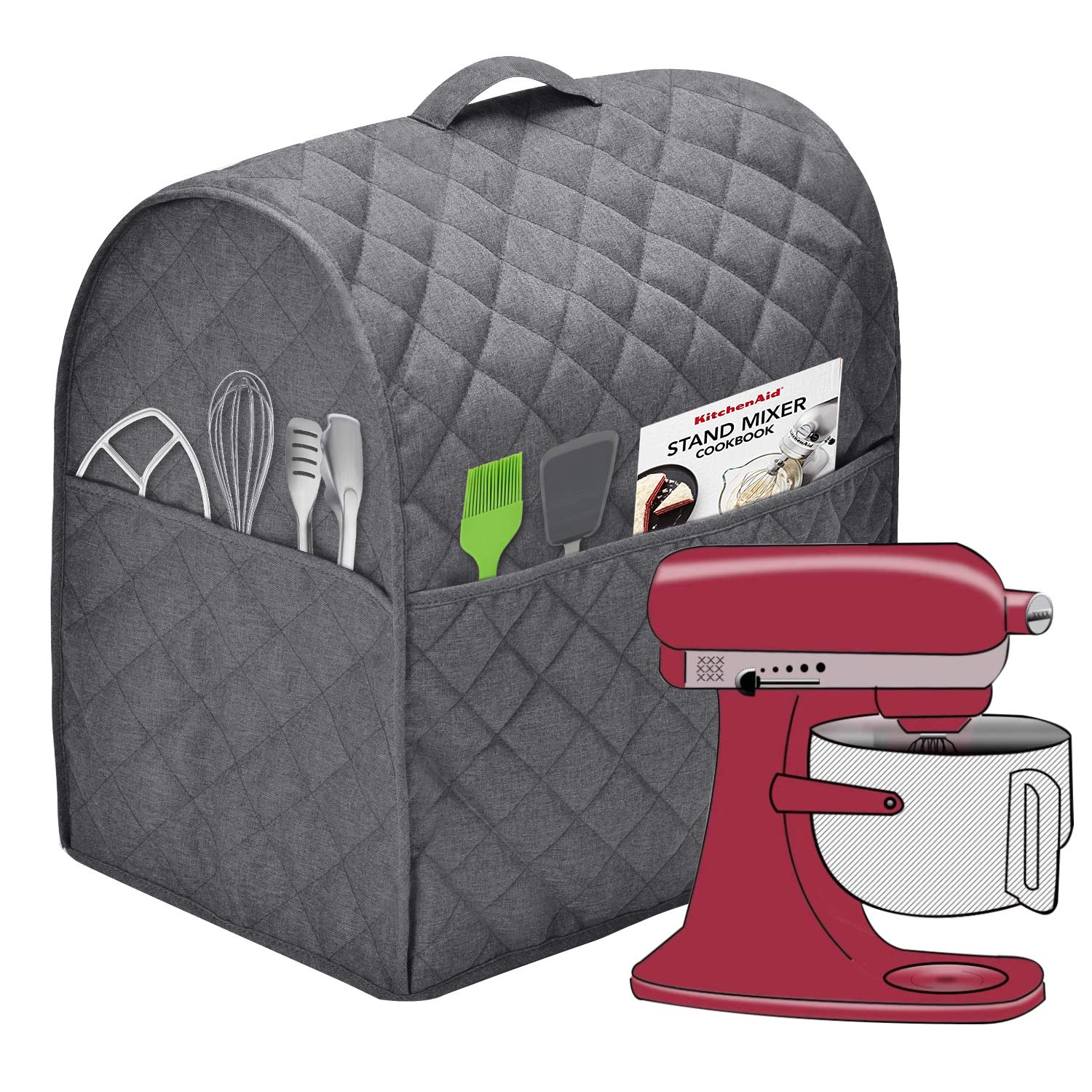 Stand Mixer Dust Cover With 3 Pockets Compatible With Kitchenaid Tilt Head, Easy Cleaning,Can Ironable (Dark Gray, Fits For 4.5 