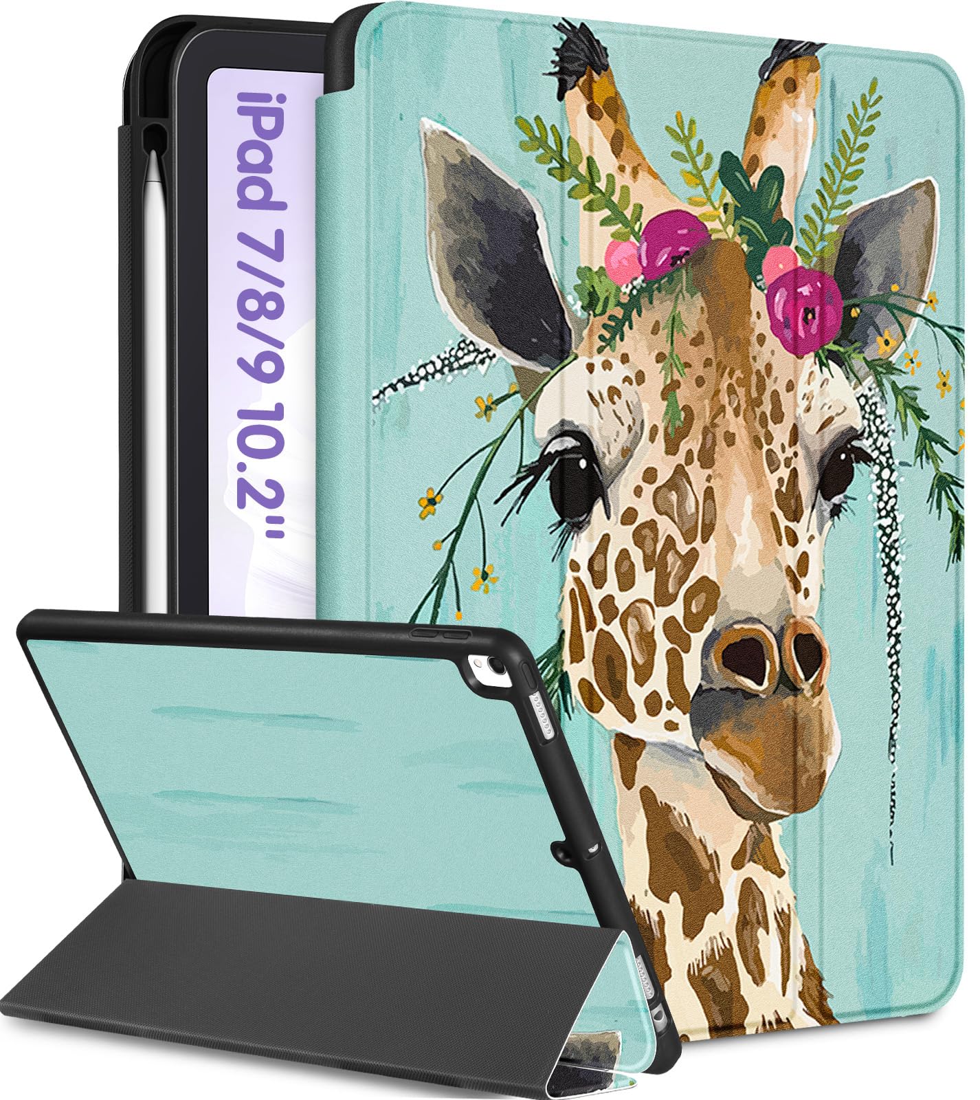 Uppuppy For Ipad 9Th/8Th/7Th Generation Case 10.2 Inch Girls Cute Women Folio Smart Cover With Pencil Holder Giraffe Cartoon Coo