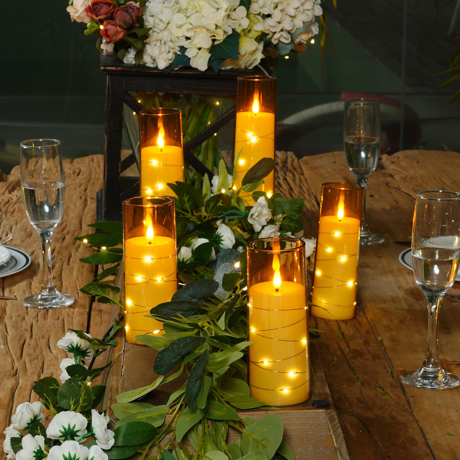 Raycare Flameless Led Candles With Embedded Star String, 5 Pcs Battery Operated Acrylic Pillar Candles With Timer And Remote, Fl