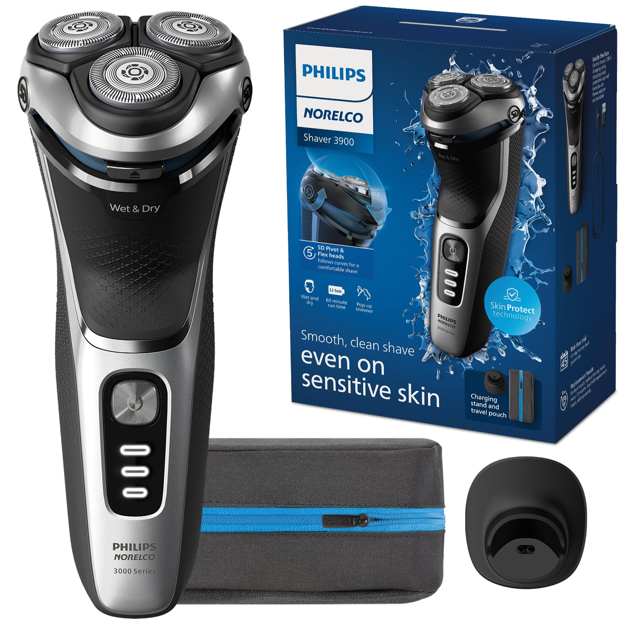 Philips Norelco Shaver 3900 Series, Wet And Dry Electric Shaver, P Cap, Travel Pouch, Charging Stand, Storm Blue, Model S3341/92