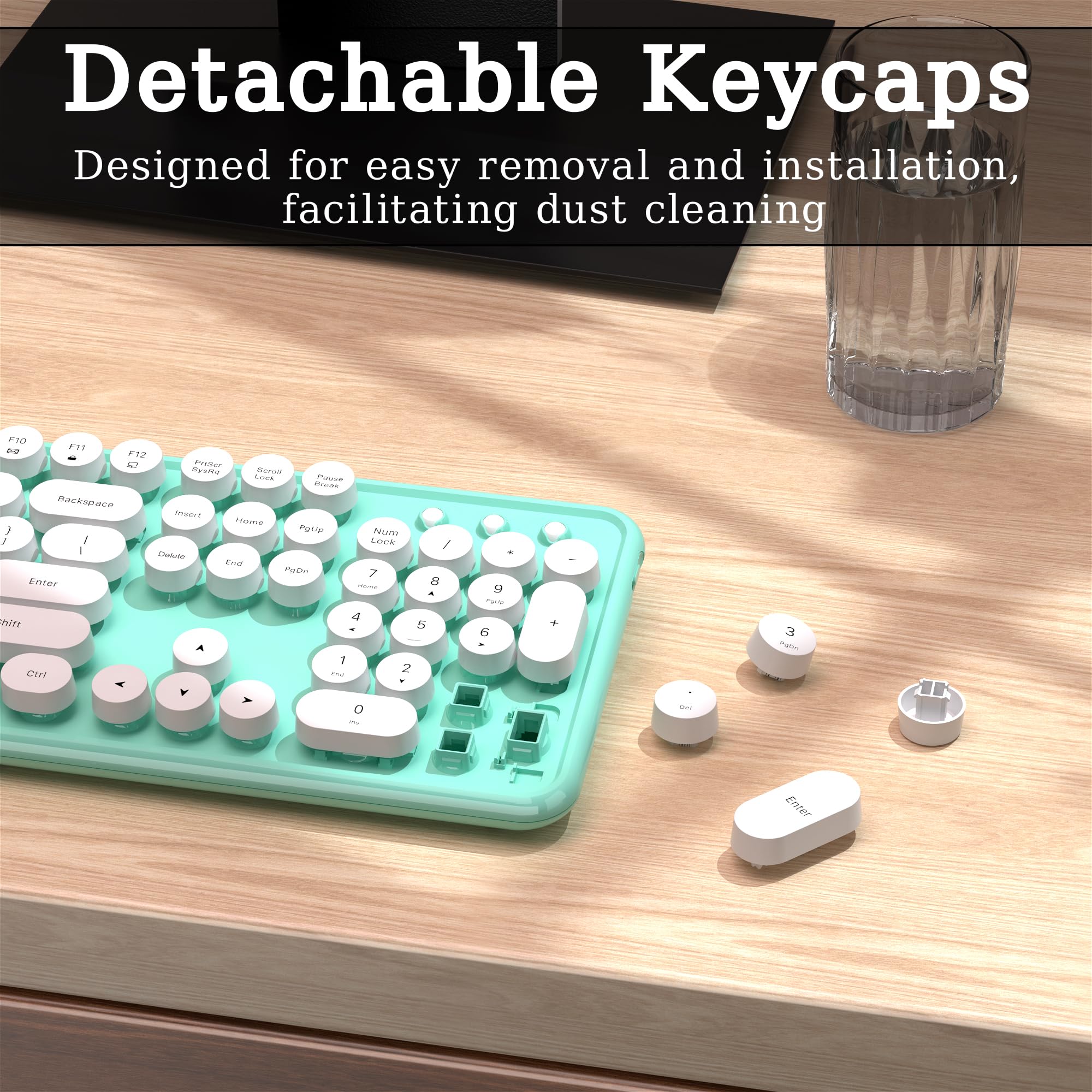 Links9+ Wireless Bluetooth Keyboard, Retro Typewriter Style Keyboard, Full Size With Round Keycaps, 2.4Ghz Plug And Play Connect