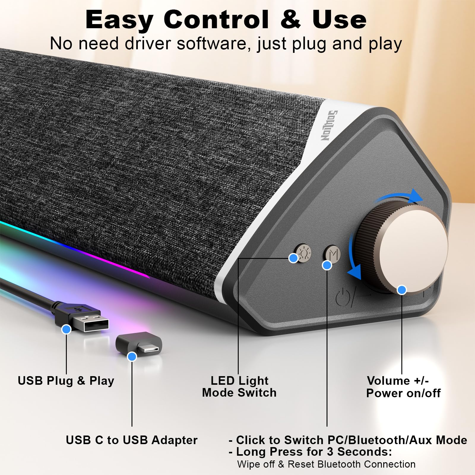 Soulion R60 Bluetooth Computer Speakers, Usb Plug N Play Pc Speakers With Led Dynamic Light, Surround Sound Soundbar Speaker Wit