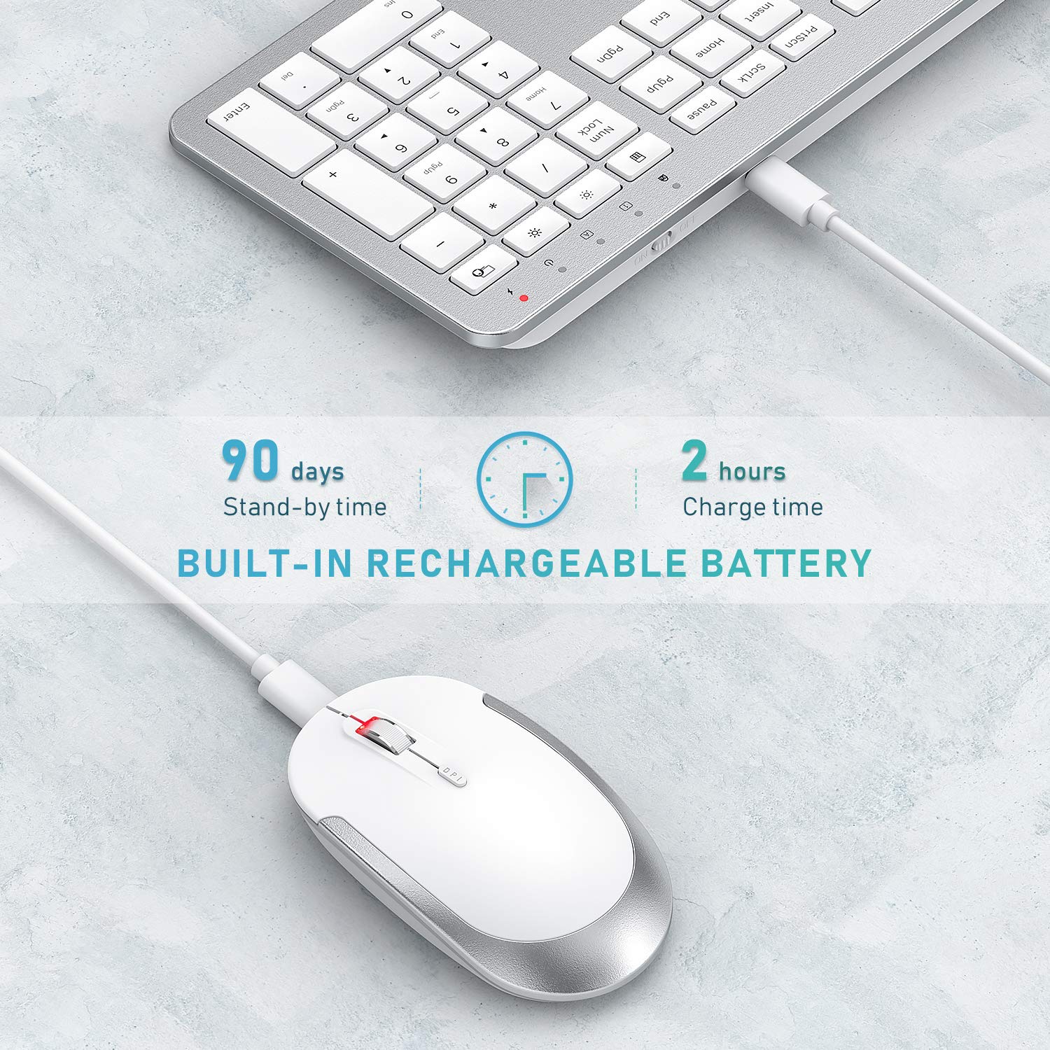Rechargeable Wireless Keyboard Mouse Combo   Seenda Full Size Cordless Keyboard & Mouse Sets With Build In Lithium Battery Ultra Thin Quiet Keyboard Mice   Silver And White