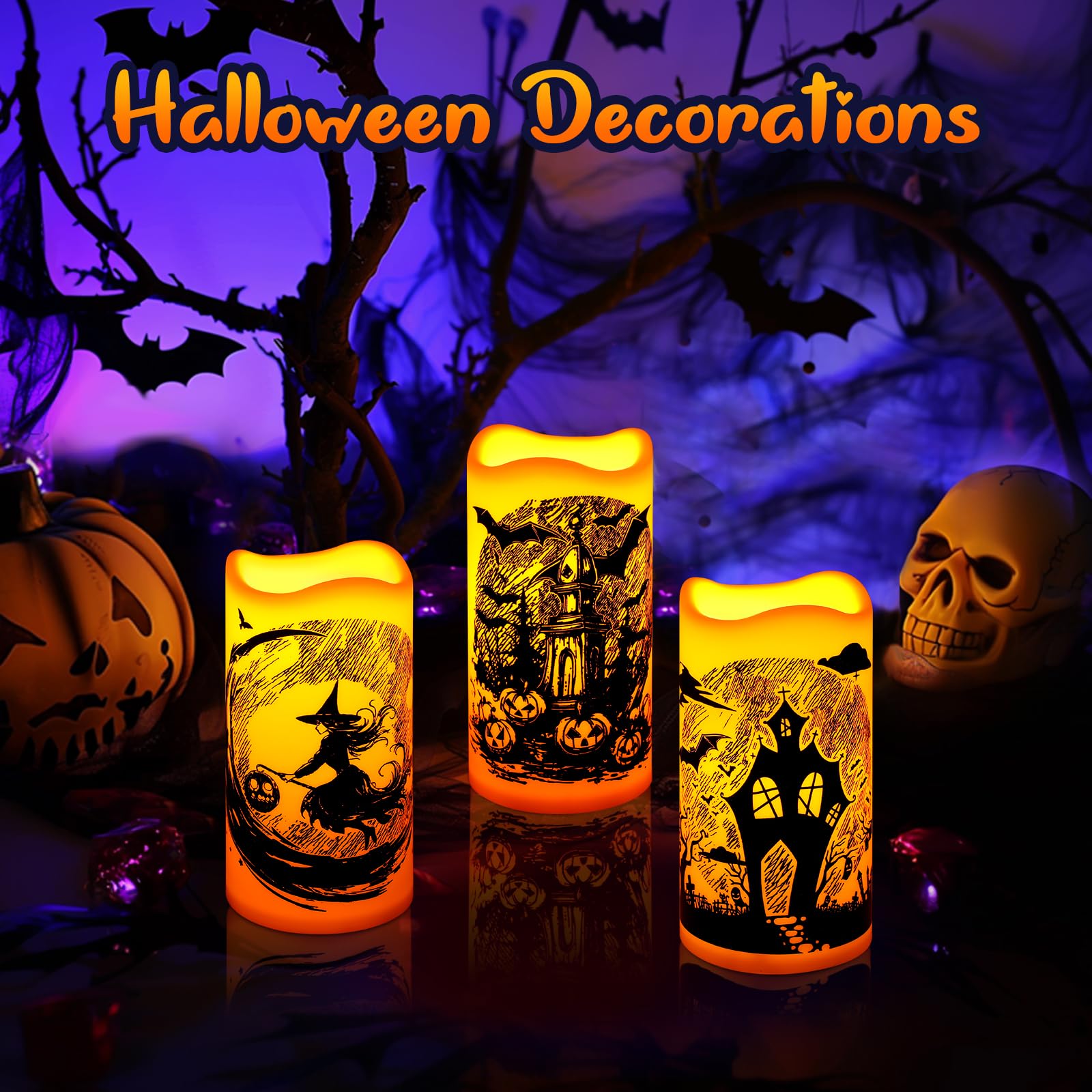 Linkax Halloween Decorations Indoor Flameless Candles : Flickering Candle Battery Operated With 6 Hour Timer, Halloween Lights W