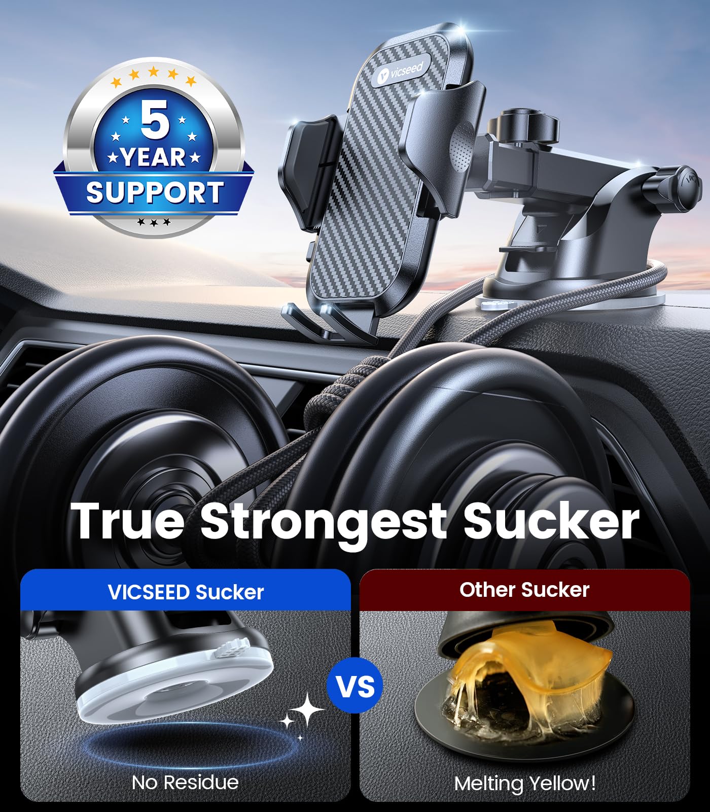 Vicseed Universal Phone Mount For Car [Solid & Durable] Car Phone Holder Mount Dashboard Windshield Air Vent Long Arm Strong Suc