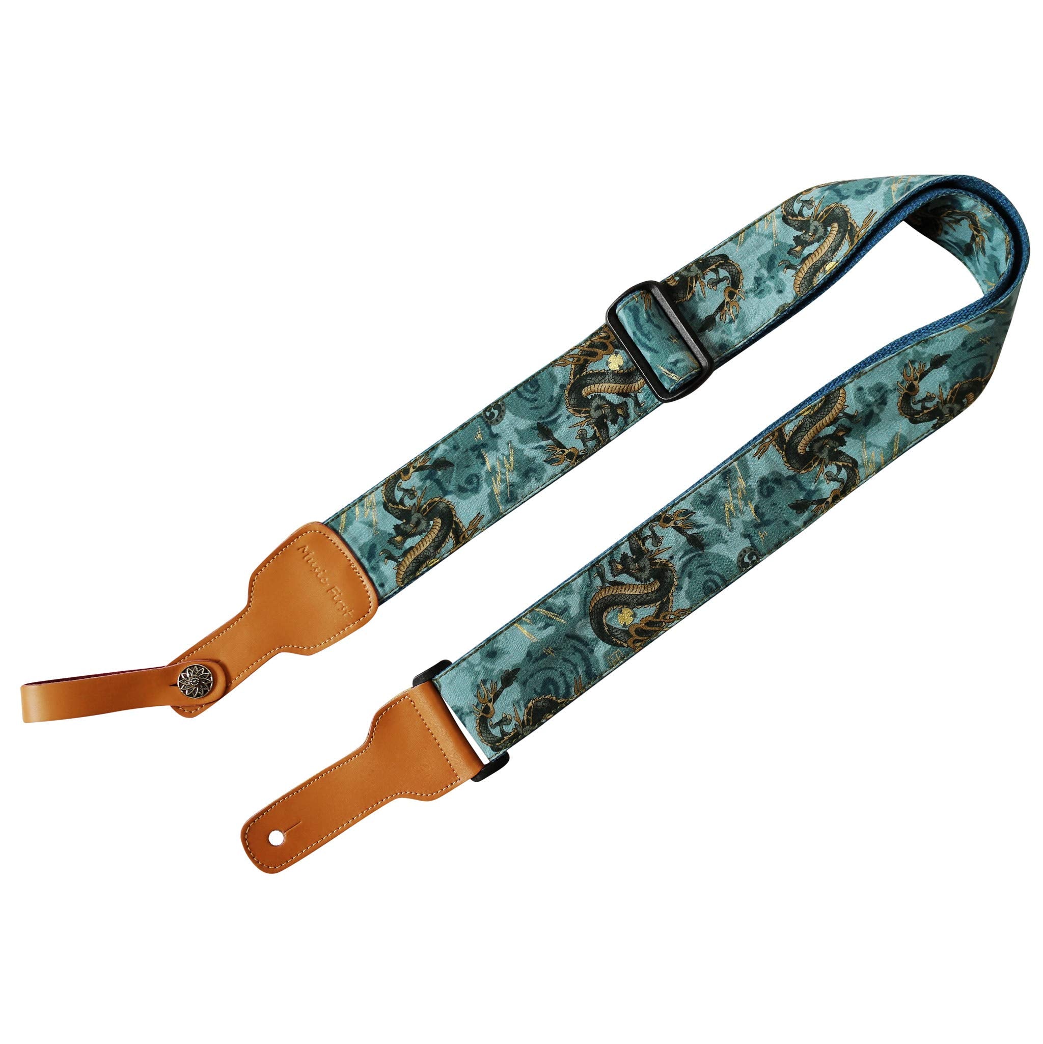 Music First Original Design, 2 Inch Width (5Cm), Ukiyoe Style The Dragon King    Soft Muslin & Genuine Leather Delux Guitar Stra