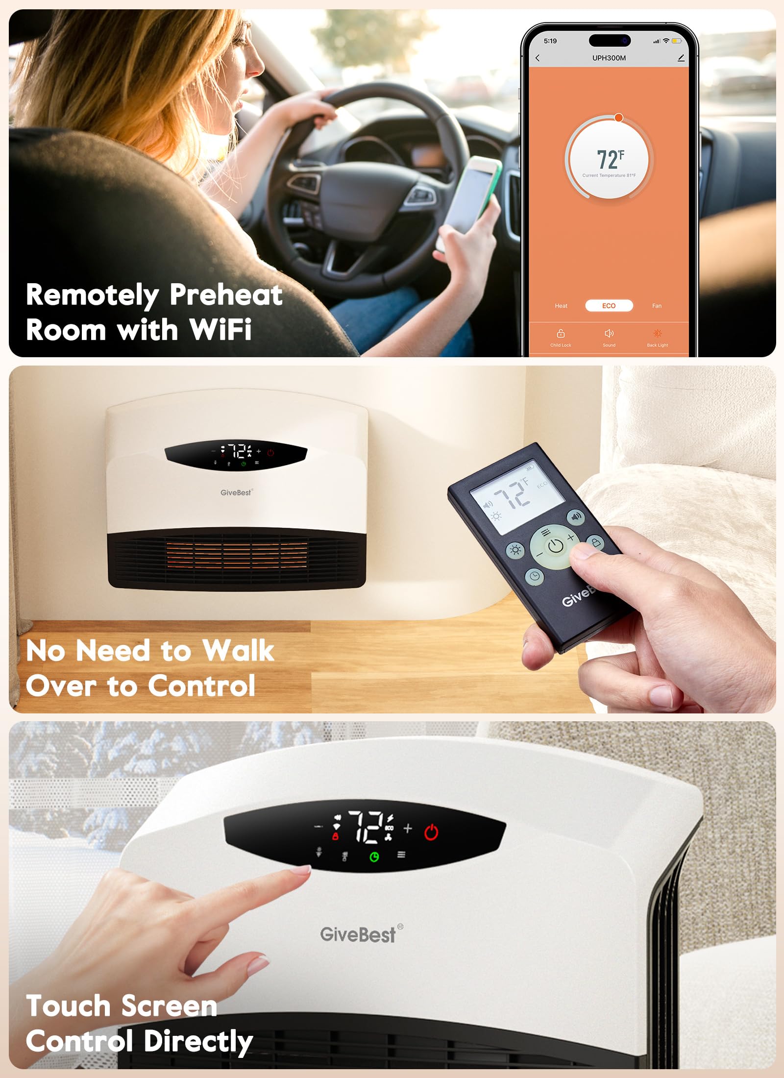 Givebest Electric Wall Heater With Wifi And Remote Control, Floor Or Wall Mounted Heater, Large Room Coverage, 3 Heating Modes,