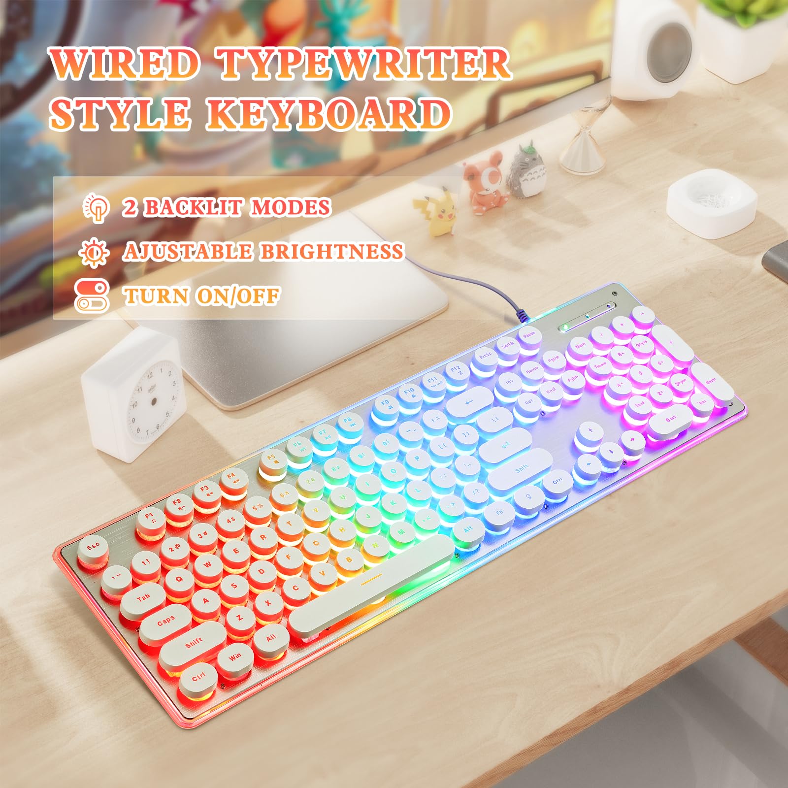 Answk Typewriter Style Keyboard With Metal Panel, Rainbow Led Backlit, Round Keys, Anti Ghosting, Spill Resistant, Light Up Usb