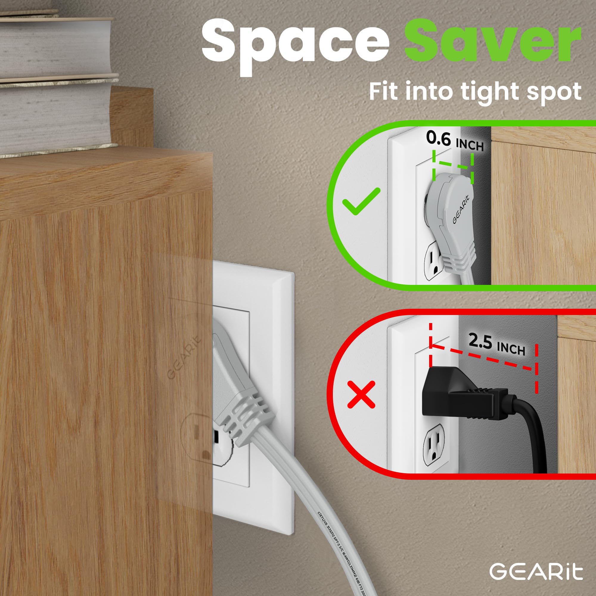 Gearit 360 Rotating Flat Plug Short Extension Cord With 3 Outlets (6Ft, Gray) 16Awg/13A 3 Prong Wire, Outlet Saver For Home Offi