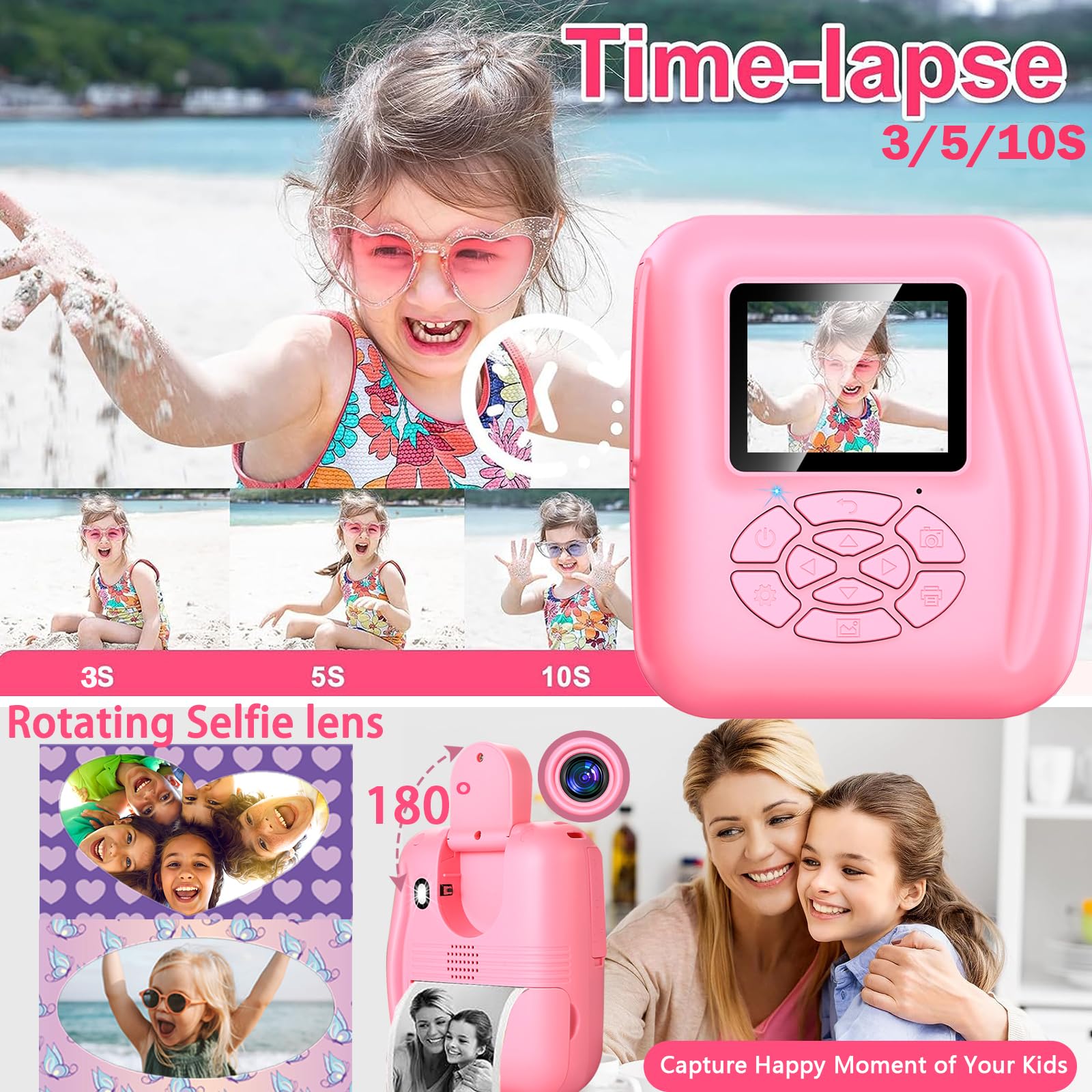 Instant Print Camera Gift For Kids Age 3 12 Girls Boys, 1080P Hd Selfie Digital Camera, 12Mp Kids Print Camera Toy With 180Rotat