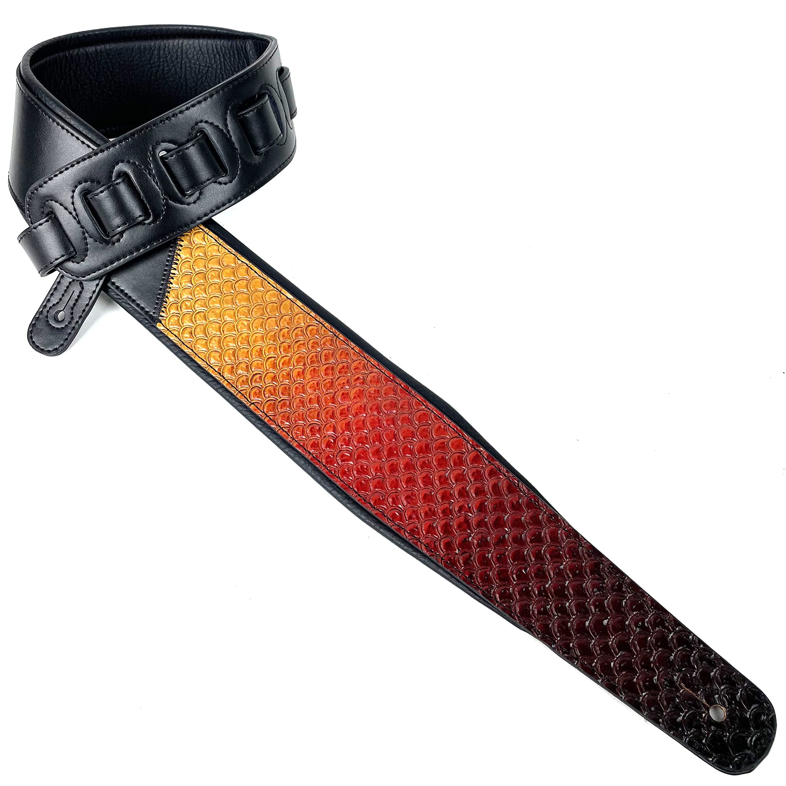 Walker And Williams KB06 Premium Carved Fish Scale Guitar Strap In Painted Sunset Finish For Acoustic, Electric, And Bass Guita
