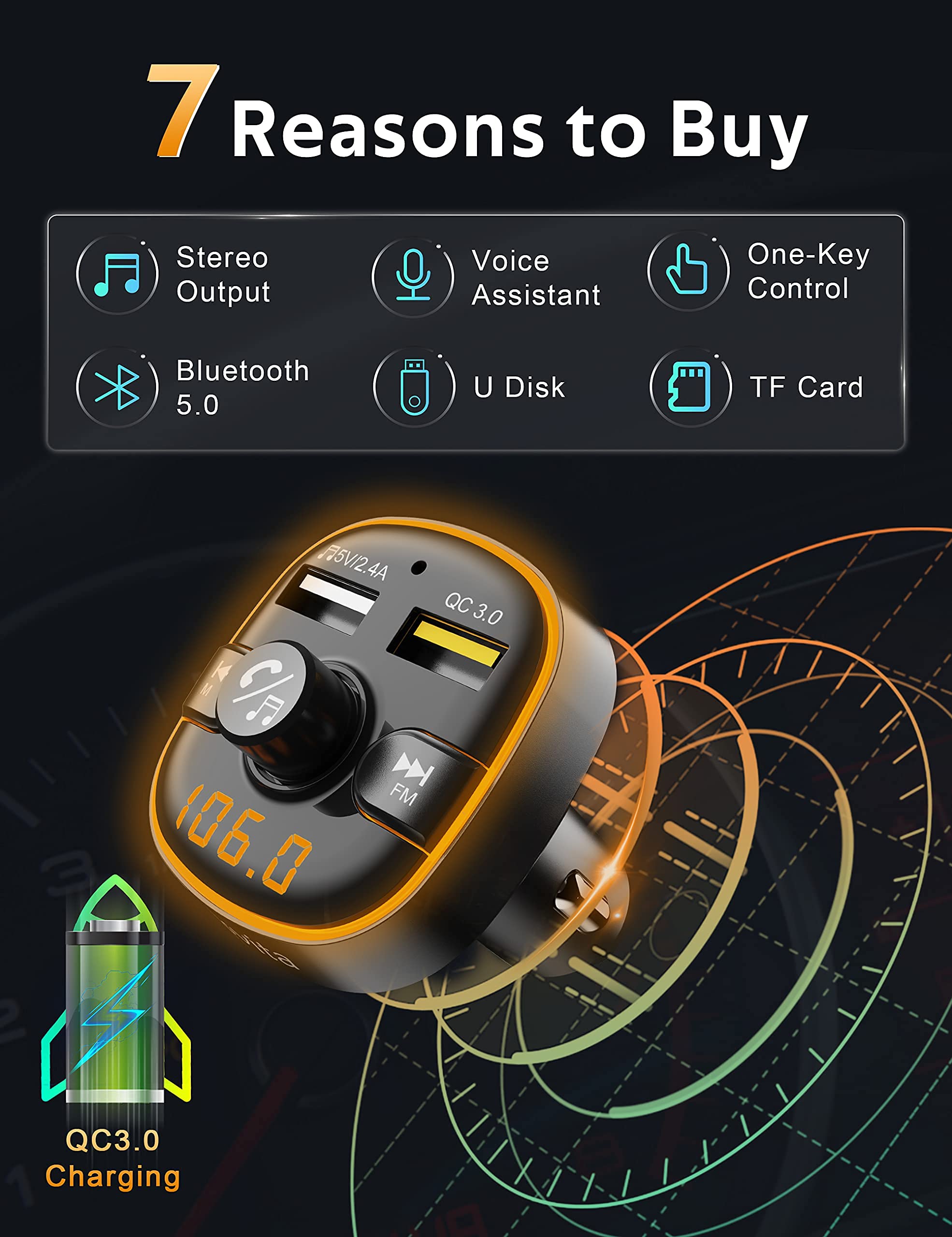 Arsvita Bluetooth Fm Transmitter For Car, Radio Receiver/Audio Adapter With Dual Car Charger, Support Qc3.0 Quick Charging, Hands Free Calling And Hi Fi Sound Playback, Black