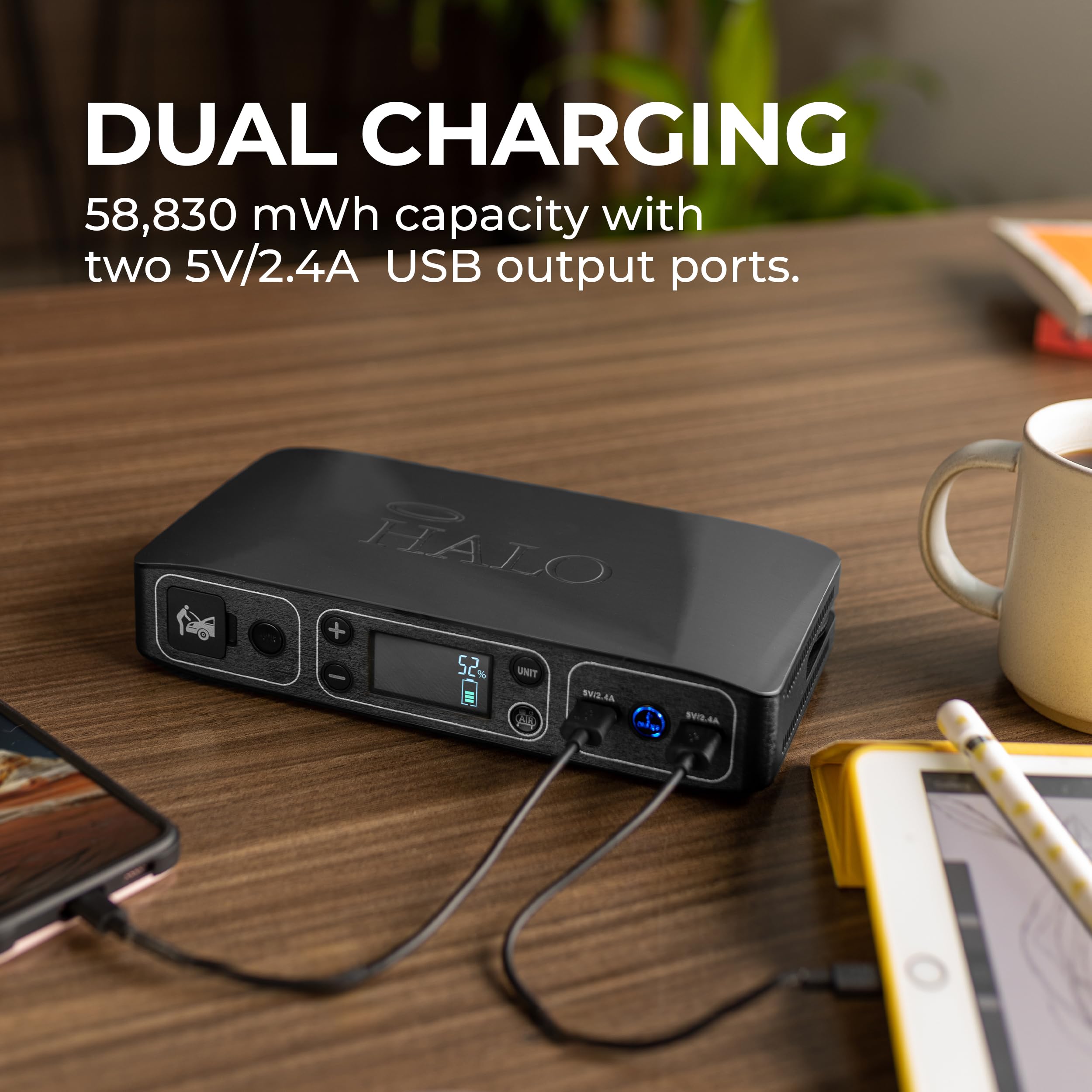 Halo Automotive Bolt Air 58830 Mwh Portable Emergency Power Kit With Tire Pump, 4 Interchangeable Air Nozzles, Extra Accessory K