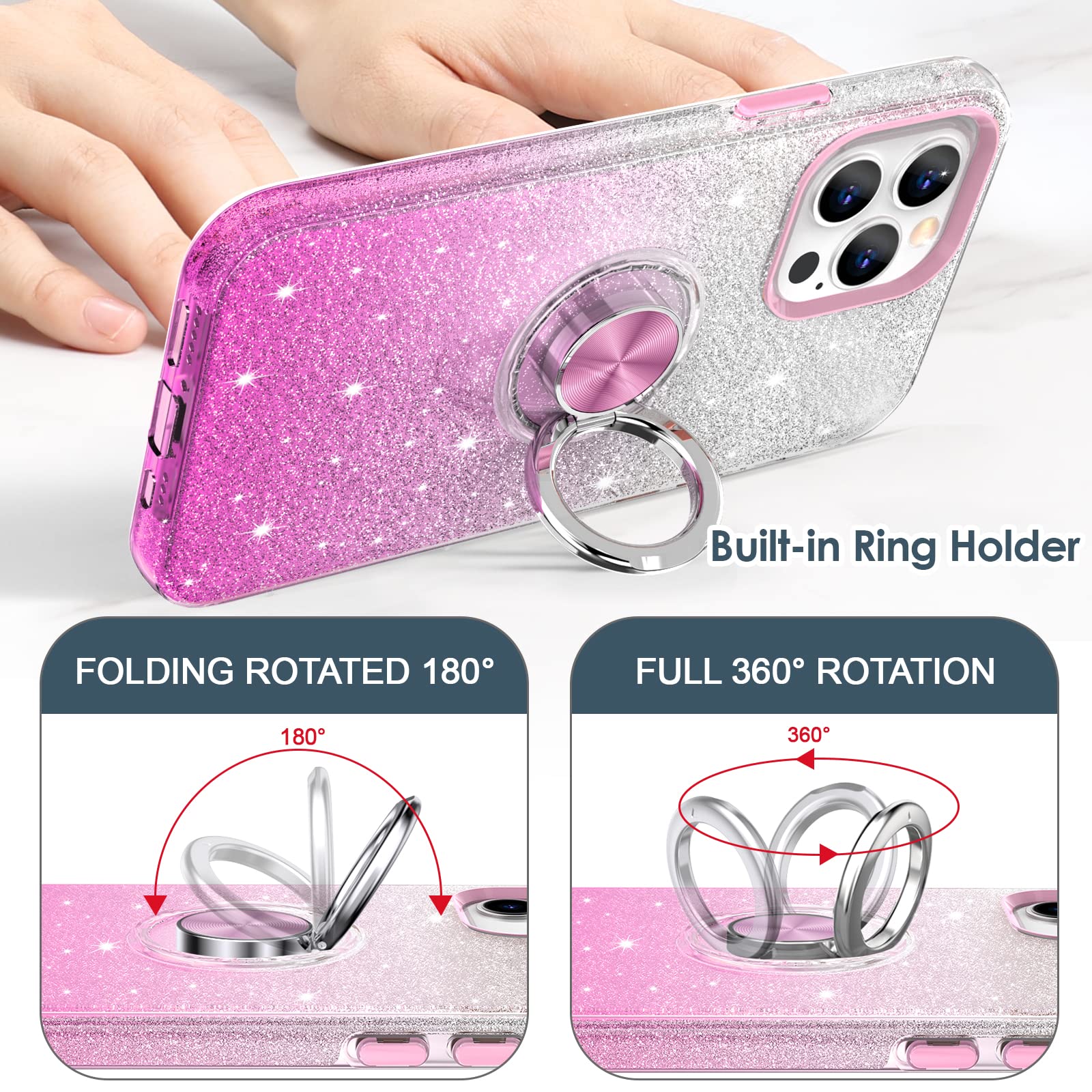 Hython For Iphone 13 Pro Max Case With Ring Stand [360 Rotatable Ring Holder Magnetic Kickstand][Support Car Mount] Cute Sparkly